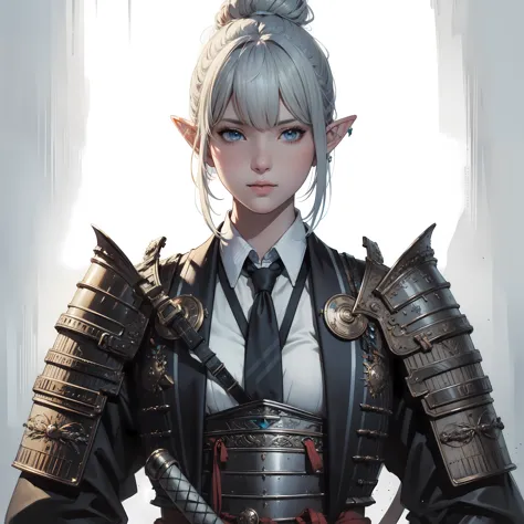 masterpiece, best quality, incredibly detailed, illustration, fantasy, portrait of shogun elf female, solo, half body, bangs, pi...