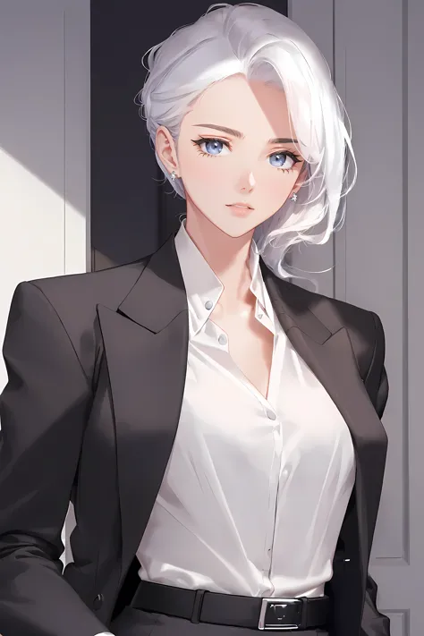 (business jacket:1.4),(a girl:1.5),Elegant photo of girl wearing suit jacket,red lips,lipstick,(perfect eyes:1.4), (White shirt:...