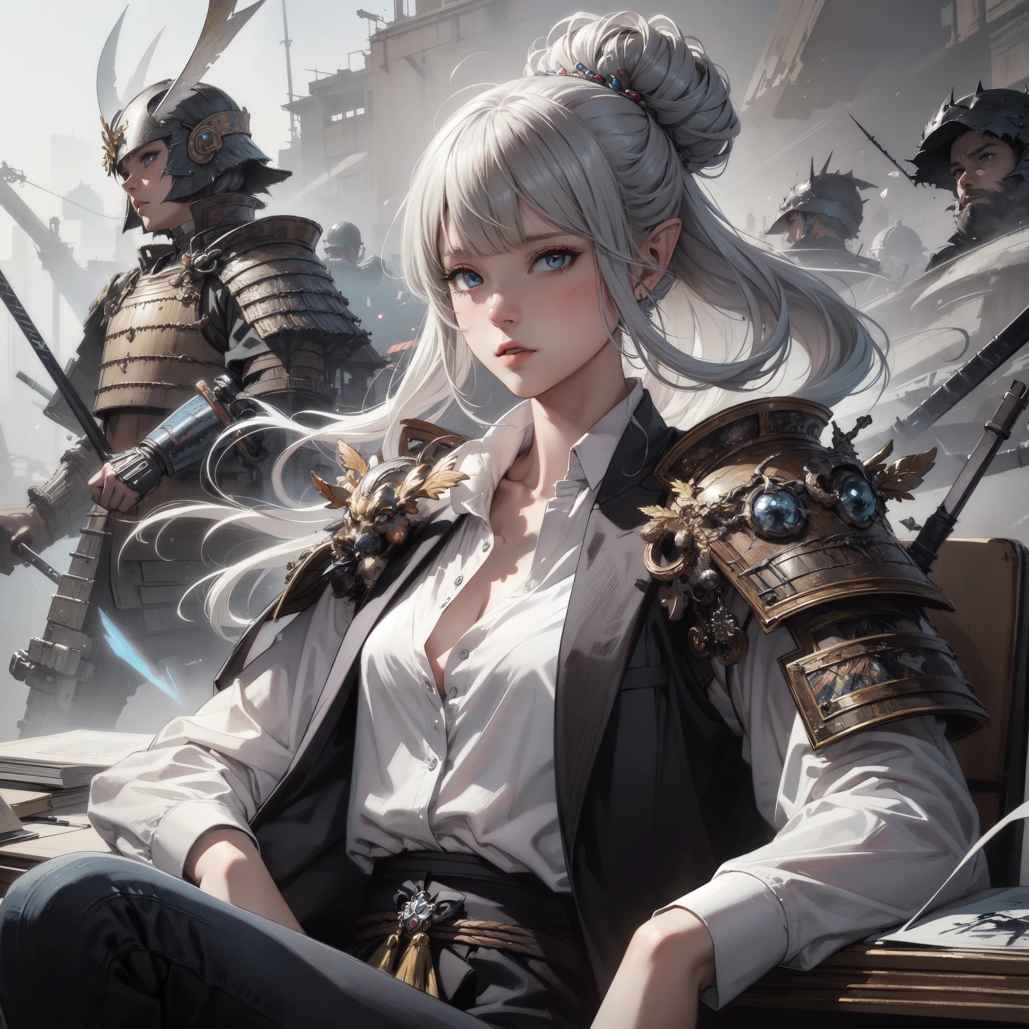 masterpiece, best quality, incredibly detailed, illustration, fantasy, portrait of Shogun elf female, solo, half body, bangs, pixie silver hair, hair bun, blue eyes, white shirt, suit with samurai armor, serious, mature, georgeous, seated office desk, from below, dynamics pose, concepts art by artgerm, ayami kojima, detailed by greg rutkowski, painting by wadim kashin, carne griffiths, arthur rackham.