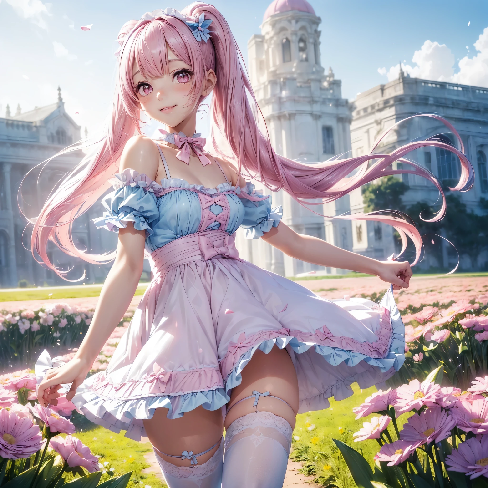 (8K, masutepiece, Highest Quality, Best Quality, Official art, Breathtaking beauty and aesthetics, A highly detailed, The best masterpiece in history that exceeds limits, Breathtaking and beautiful lighting:1.2), (1 Absolute Beautiful Girl, Solo:1.3), sixteen years old, (shiny white skin), BREAK (pink twin tail hair, Bangs:1.3), (adolable big pink eyes, drooing eyes:1.5), BREAK (Breathtaking Beautiful Sweet Lolita Idol Ensemble, sweet lolita-style pastel blue dress, adorned with lace and ribbon details, Puffy, knee-length skirt for a playful and girly look, Decorative bows and lace trims for added frilliness:1.3), (bust:1.3), (happy smile, Beautiful smile, Gentle smile, cute smile, innocent smile like an angel:1.2), (Attractive, amazing, Beautiful, Elegant, Luxurious, magnifica, Eye-catching, the ultimate beauty, Supreme Beauty, Superlative beauty, Elegant, Beauty, Graceful, Everyone loves it, Beauty that fascinates everyone, Healed, The highest level of complete beauty, cute like an idol, Stylish like a fashion model, Goddess-like grace, Be loved, cute little, adolable, Look at the camera, cute little pose, Happy), breathtaking scenery, (full body, standing, zettai_ryouiki, thigh_gap:1.3), BREAK (looking back, dynamic angle, Breathtakingly beautiful spring flower field, colorful petals dancing for wind, blue sky:1.5),