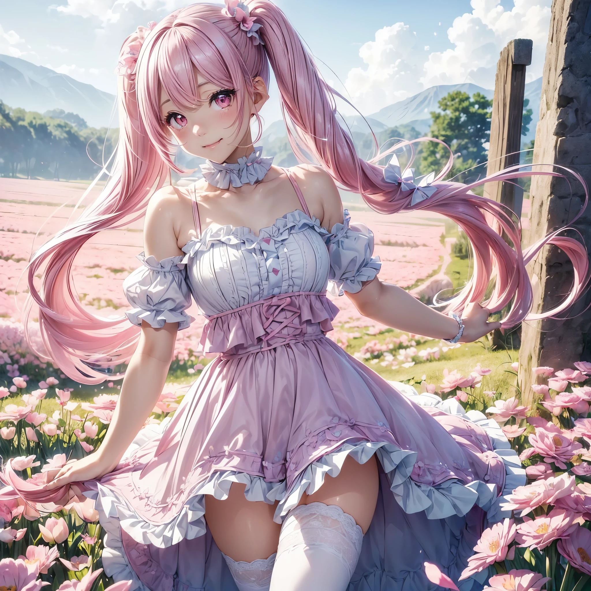 (8K, masutepiece, Highest Quality, Best Quality, Official art, Breathtaking beauty and aesthetics, A highly detailed, The best masterpiece in history that exceeds limits, Breathtaking and beautiful lighting:1.2), (1 Absolute Beautiful Girl, Solo:1.3), sixteen years old, (shiny white skin), BREAK (pink twin tail hair, Bangs:1.3), (adolable big pink eyes, drooing eyes:1.5), BREAK (Breathtaking Beautiful Sweet Lolita Idol Ensemble, sweet lolita-style pastel blue dress, adorned with lace and ribbon details, Puffy, knee-length skirt for a playful and girly look, Decorative bows and lace trims for added frilliness:1.3), (bust:1.3), (happy smile, Beautiful smile, Gentle smile, cute smile, innocent smile like an angel:1.2), (Attractive, amazing, Beautiful, Elegant, Luxurious, magnifica, Eye-catching, the ultimate beauty, Supreme Beauty, Superlative beauty, Elegant, Beauty, Graceful, Everyone loves it, Beauty that fascinates everyone, Healed, The highest level of complete beauty, cute like an idol, Stylish like a fashion model, Goddess-like grace, Be loved, cute little, adolable, Look at the camera, cute little pose, Happy), breathtaking scenery, (full body, standing, zettai_ryouiki, thigh_gap:1.3), BREAK (looking back, dynamic angle, Breathtakingly beautiful spring flower field, colorful petals dancing for wind, blue sky:1.5),