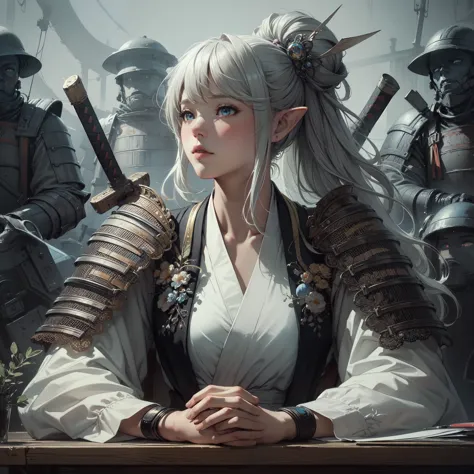 masterpiece, best quality, incredibly detailed, illustration, fantasy, portrait of shogun elf female, solo, half body, bangs, pi...