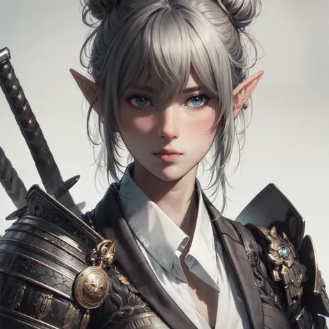 masterpiece, best quality, incredibly detailed, illustration, fantasy, portrait of Shogun elf female, solo, half body, bangs, pi...