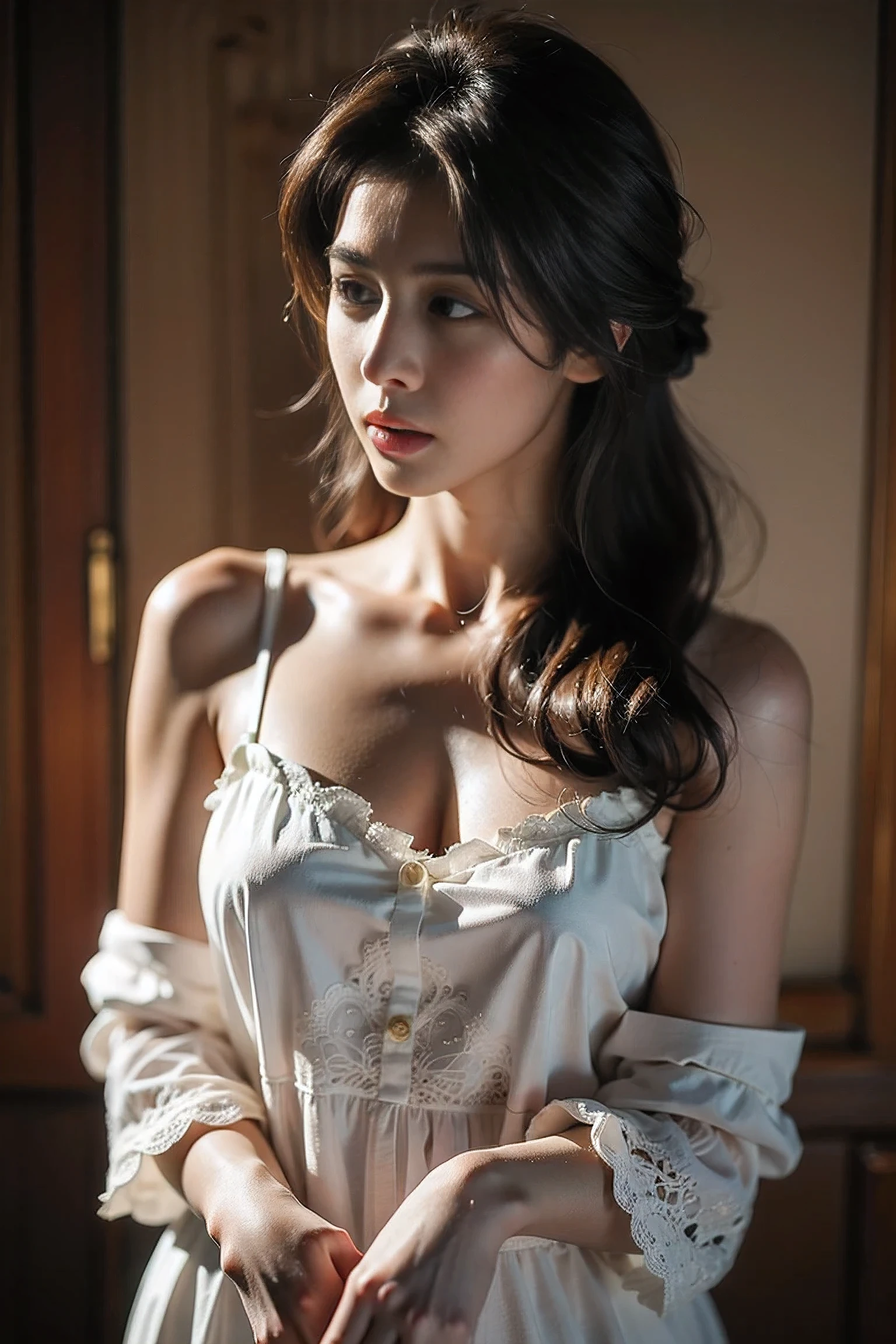 Реалистичная фотография, Тайваньская женщина с длинными волосами ,кружевное платье