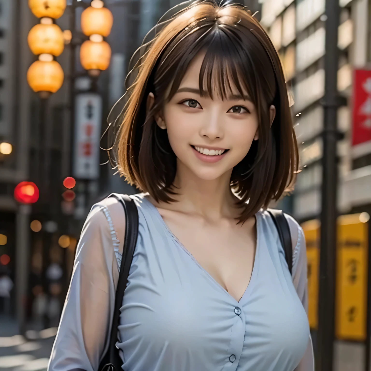 (Photoreal:1.4), (Super detailed), (highest quality), (best shadow), (masterpiece), ultra high resolution, 1 female, alone, beautiful ripe year, (brunette bob), ((light blue blouse)), (big breasts), smile, written boundary depth, perfect lighting, With background: (Tokyo Ginza street)