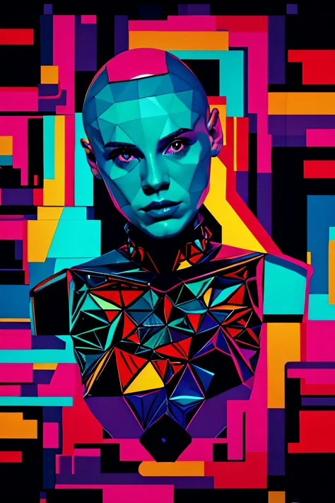 polygonal bald girl, colourful caleidoscope psychedelic background
