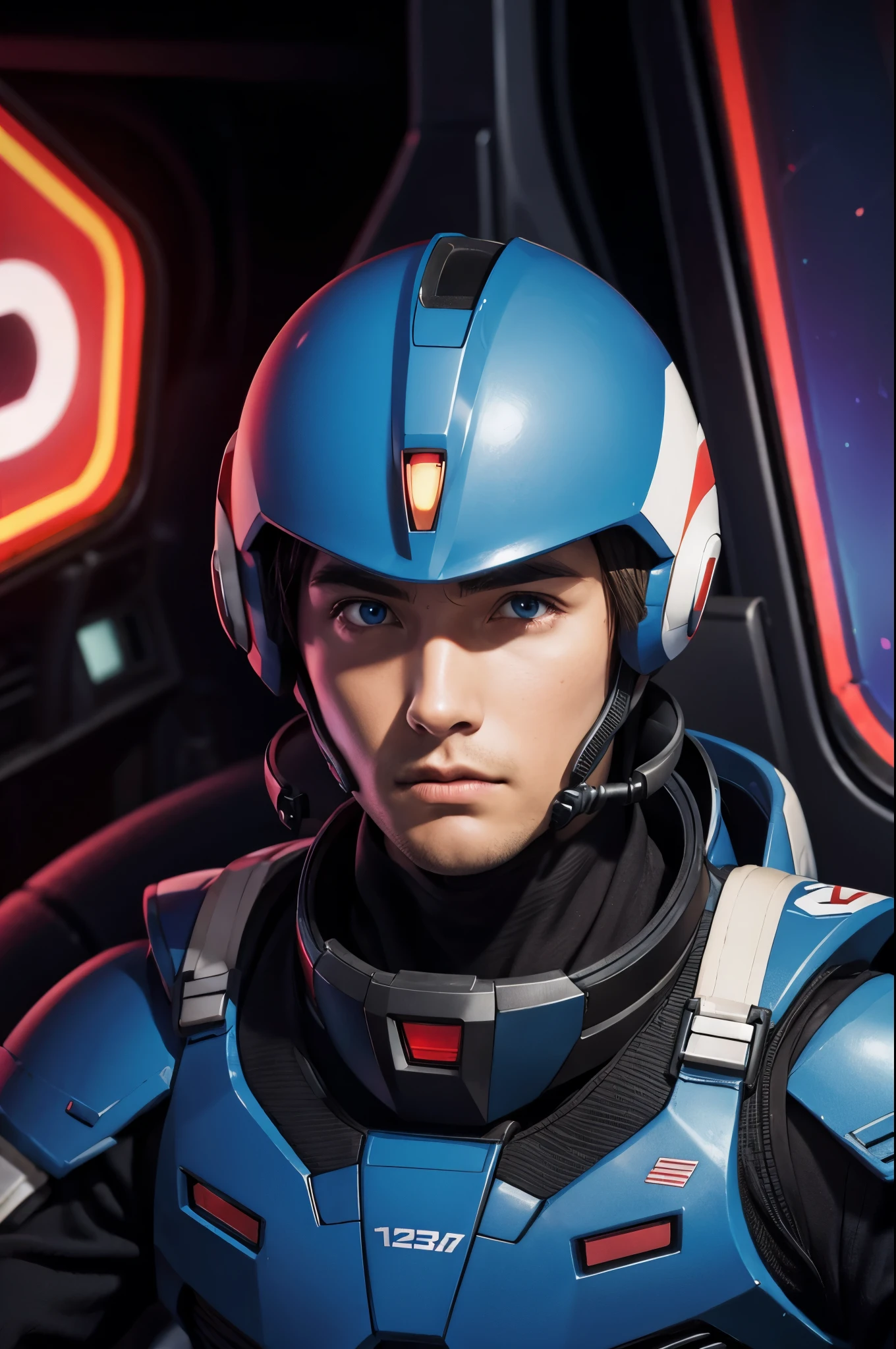 (table top:1.3, Photoreal:1.4, 8k), highest quality, masterpiece, 超A high resolution, perfect dynamic composition, cosmos, Inside the cockpit of Mobile Suit Gundam, Highly detailed skin and facial textures:1.3, detailed eye, Detail of limbs, 1 man、handsome 40 year old man, perfect style, (Facial expressions with a core:1.1), (pilot suit:1.3), (beautiful blue eyes, For clear and beautiful eyes:0.85), handsome face:0.4, ((Maneuvering the machine in the cockpit)),