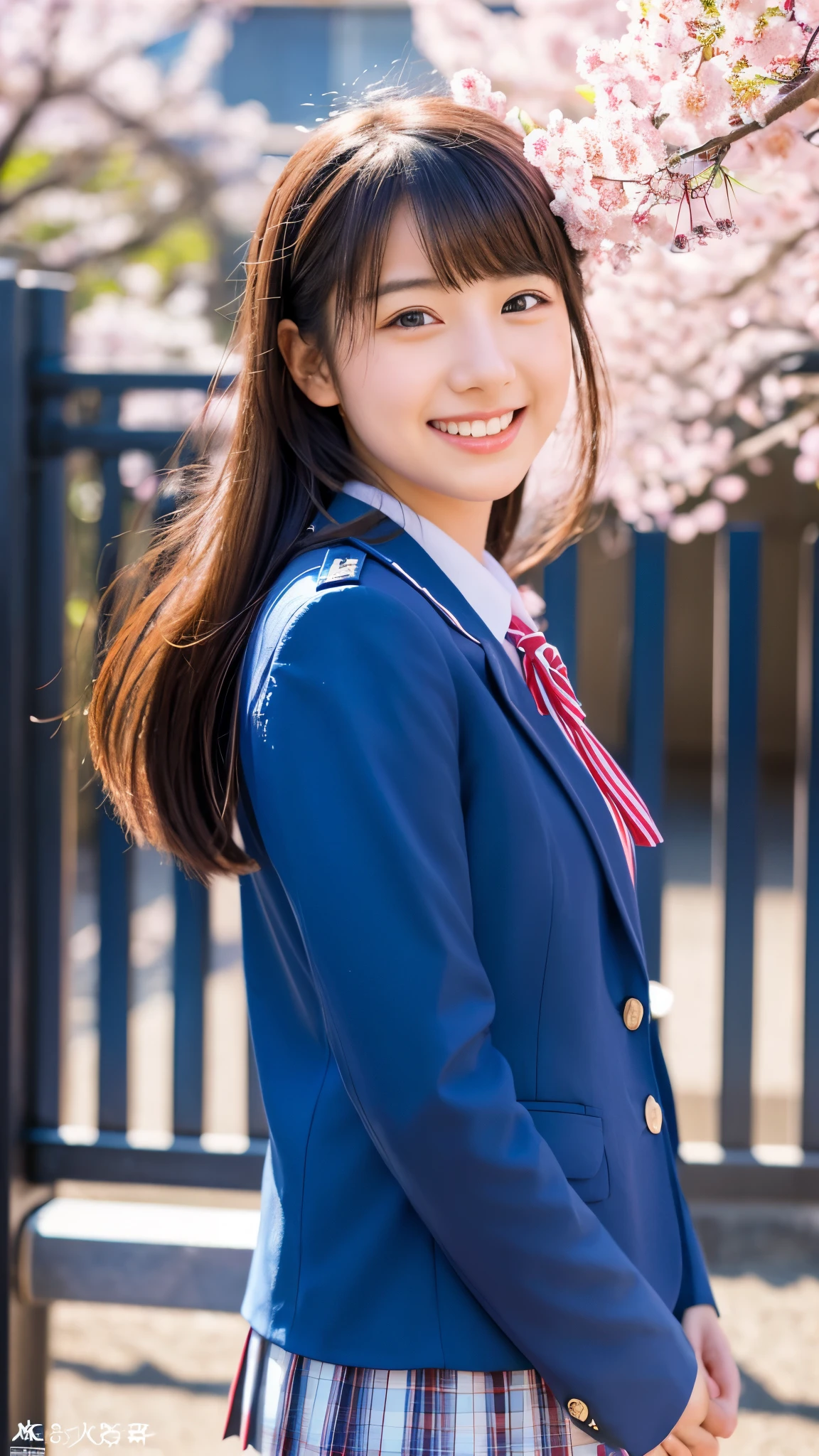 (photo realistic:1.4), (hyper realistic:1.4), (realistic:1.3), (smoother lighting:1.05), (Improve the quality of cinematic lighting:0.9)、natural light、Cherry blossom trees in full bloom、A girl in a uniform standing in front of the school gate、美しいhigh school girl、Highly detailed official artwork、realistic 3d style、超realistic、(Like a smile that makes you smile)、cute eyes、short hair、beautiful girl、fascinating look、smiling woman、high school girl, navy blue blazer、school uniform、white shirt、red tie
