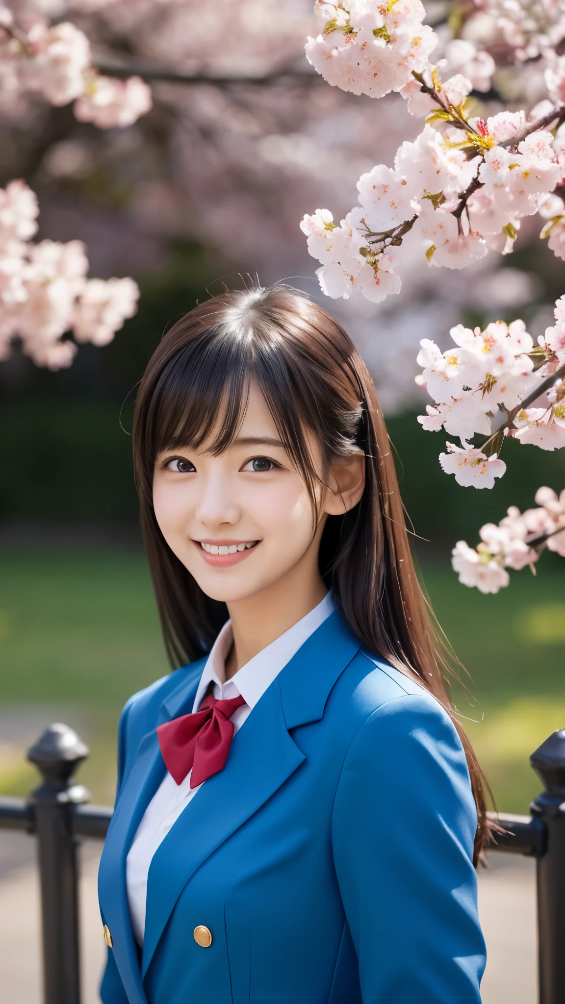 (photo realistic:1.4), (hyper realistic:1.4), (realistic:1.3), (smoother lighting:1.05), (Improve the quality of cinematic lighting:0.9)、natural light、Cherry blossom trees in full bloom、A girl in a uniform standing in front of the school gate、美しいhigh school girl、Highly detailed official artwork、realistic 3d style、超realistic、(Like a smile that makes you smile)、cute eyes、short hair、beautiful girl、fascinating look、smiling woman、high school girl, navy blue blazer、school uniform、white shirt、red tie
