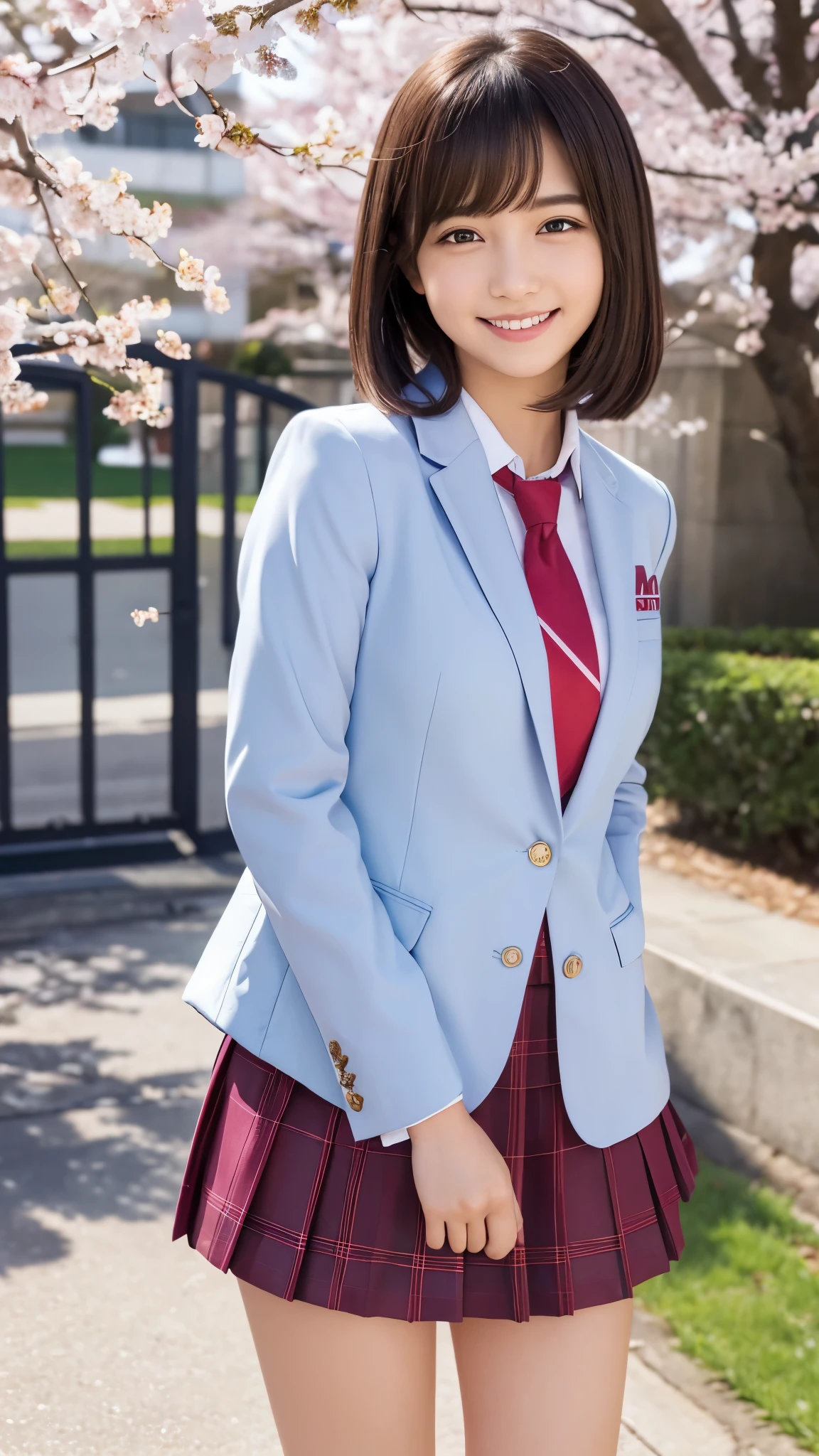 (photo realistic:1.4), (hyper realistic:1.4), (realistic:1.3), (smoother lighting:1.05), (Improve the quality of cinematic lighting:0.9)、natural light、Cherry blossom trees in full bloom、A girl in a uniform standing in front of the school gate、美しいhigh school girl、Highly detailed official artwork、realistic 3d style、超realistic、(Like a smile that makes you smile)、cute eyes、short hair、beautiful girl、fascinating look、smiling woman、high school girl, navy blue blazer、school uniform、white shirt、red tie
