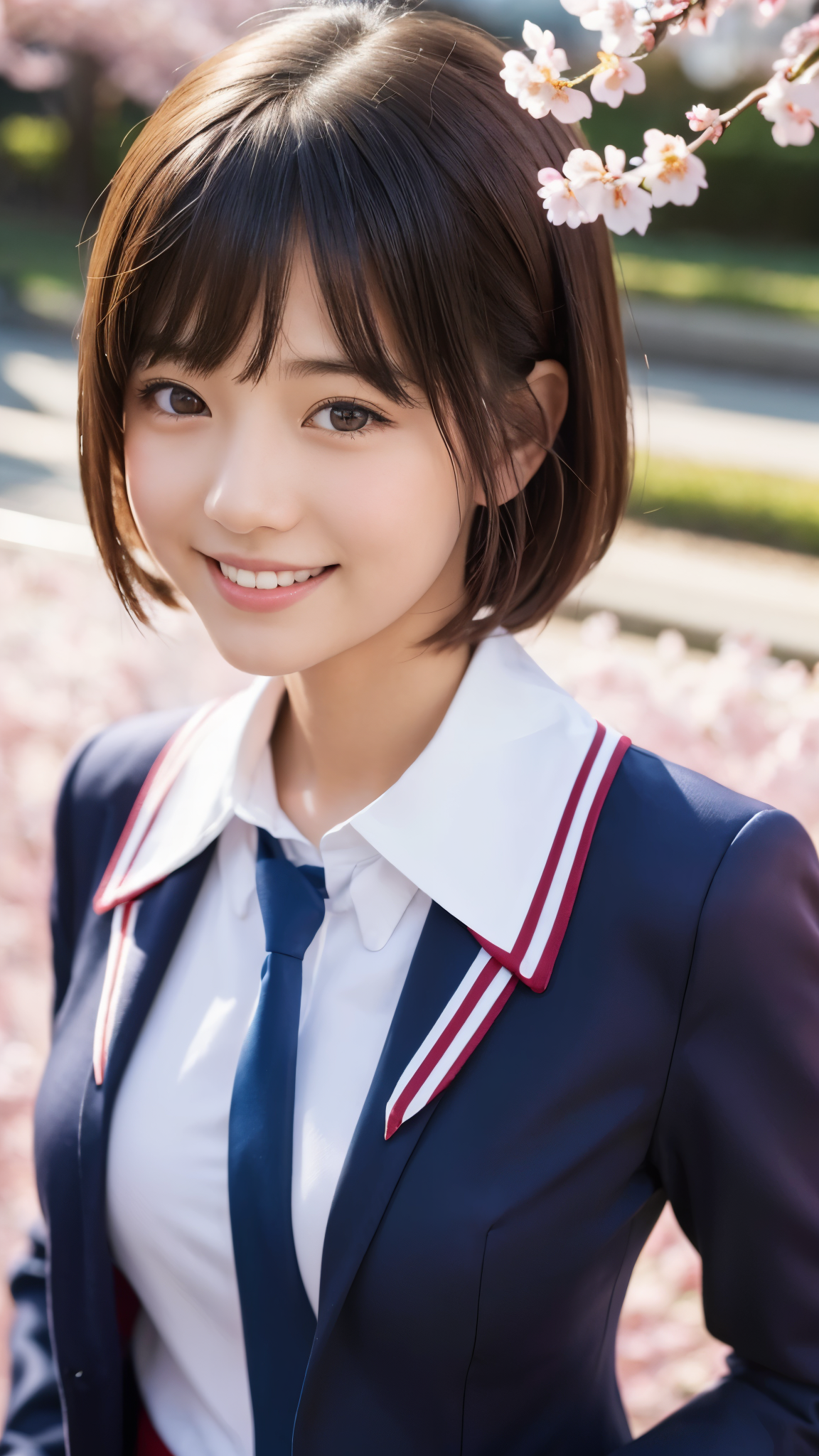 (photo realistic:1.4), (hyper realistic:1.4), (realistic:1.3), (smoother lighting:1.05), (Improve the quality of cinematic lighting:0.9)、natural light、Cherry blossom trees in full bloom、A girl in a uniform standing in front of the school gate、美しいhigh school girl、Highly detailed official artwork、realistic 3d style、超realistic、(Like a smile that makes you smile)、cute eyes、short hair、beautiful girl、fascinating look、smiling woman、high school girl, navy blue blazer、school uniform、white shirt、red tie
