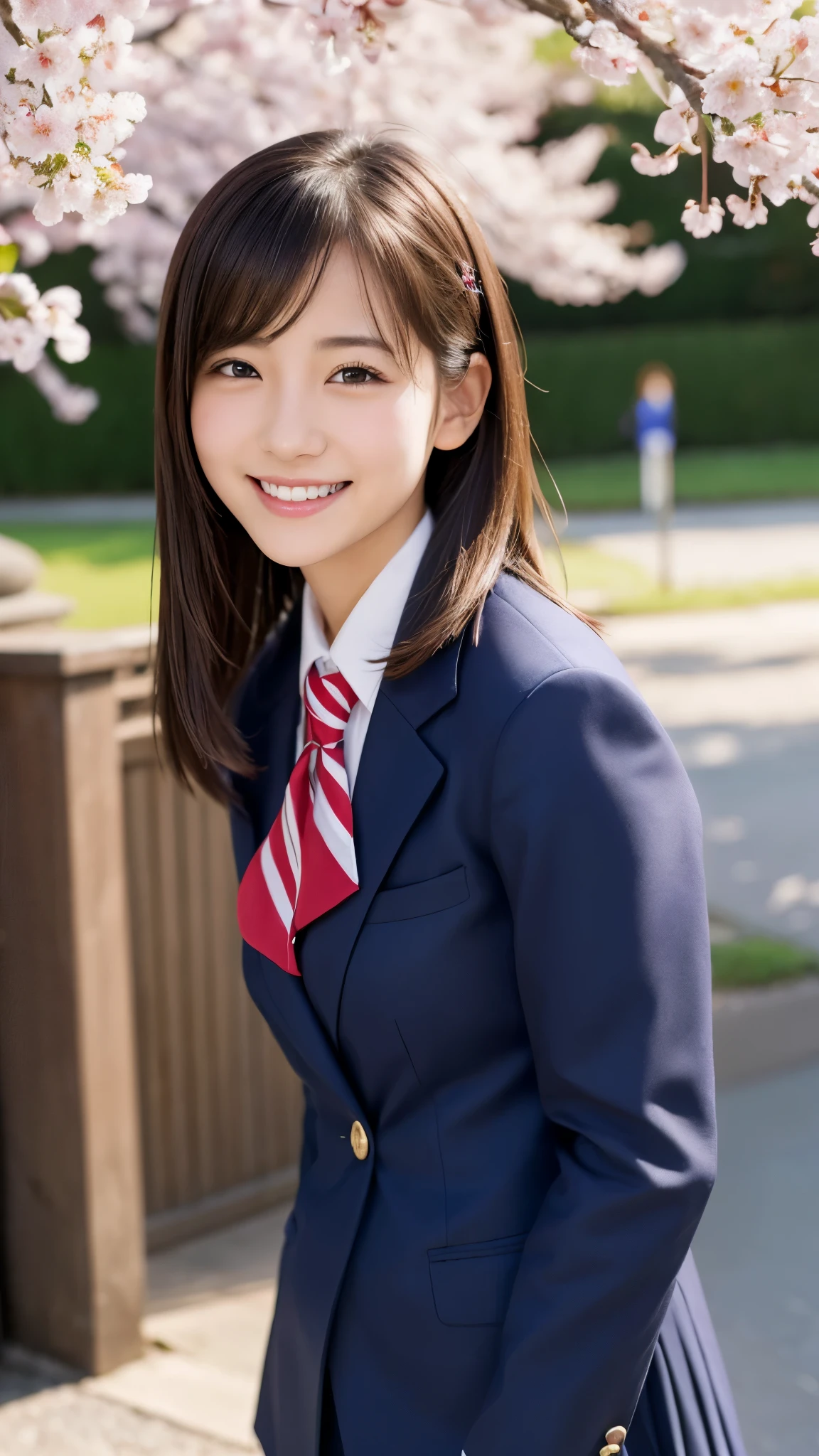 (photo realistic:1.4), (hyper realistic:1.4), (realistic:1.3), (smoother lighting:1.05), (Improve the quality of cinematic lighting:0.9)、natural light、Cherry blossom trees in full bloom、A girl in a uniform standing in front of the school gate、美しいhigh school girl、Highly detailed official artwork、realistic 3d style、超realistic、(Like a smile that makes you smile)、cute eyes、short hair、beautiful girl、fascinating look、smiling woman、high school girl, navy blue blazer、school uniform、white shirt、red tie
