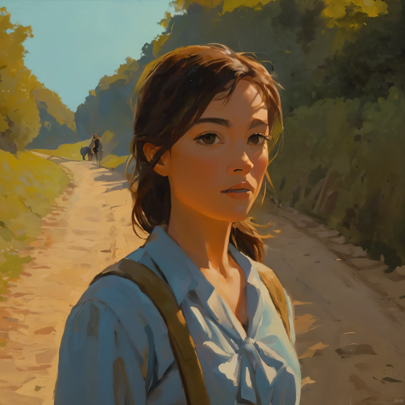 cinématographique, Un portrait en gros plan d&#39;une jeune femme marchant sur une colline avec une belle lumière et une belle scène, maître de la peinture, Mitaka Asa cheveux longs en queue de cheval sans vêtements