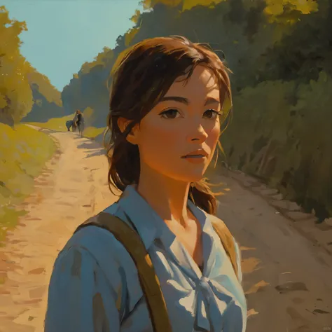 cinematographic, Un retrato de cerca de una mujer joven caminando sobre una colina con una hermosa luz y escena, pintura maestra...