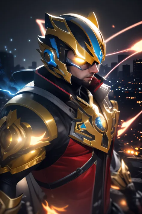 gloomy portrait of gold ranger from power rangers, extremely detailed, futuristic cityscape, nighttime, glowing neon lights, smo...