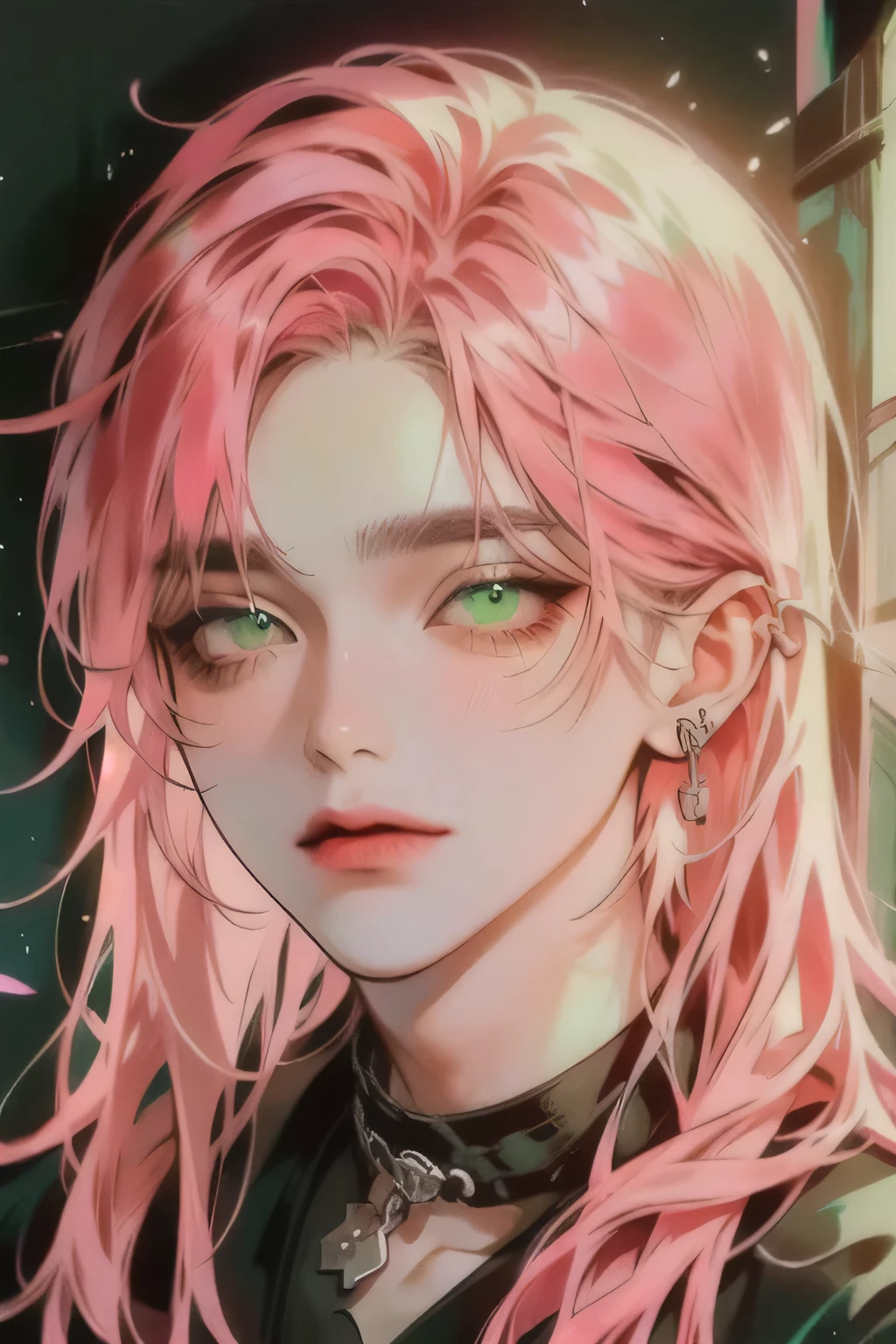 boy with faded pink hair、glare、gothic fashion、Portrait, (pink hairZ:1.3), (green eye :1.3), long hair, high resolution