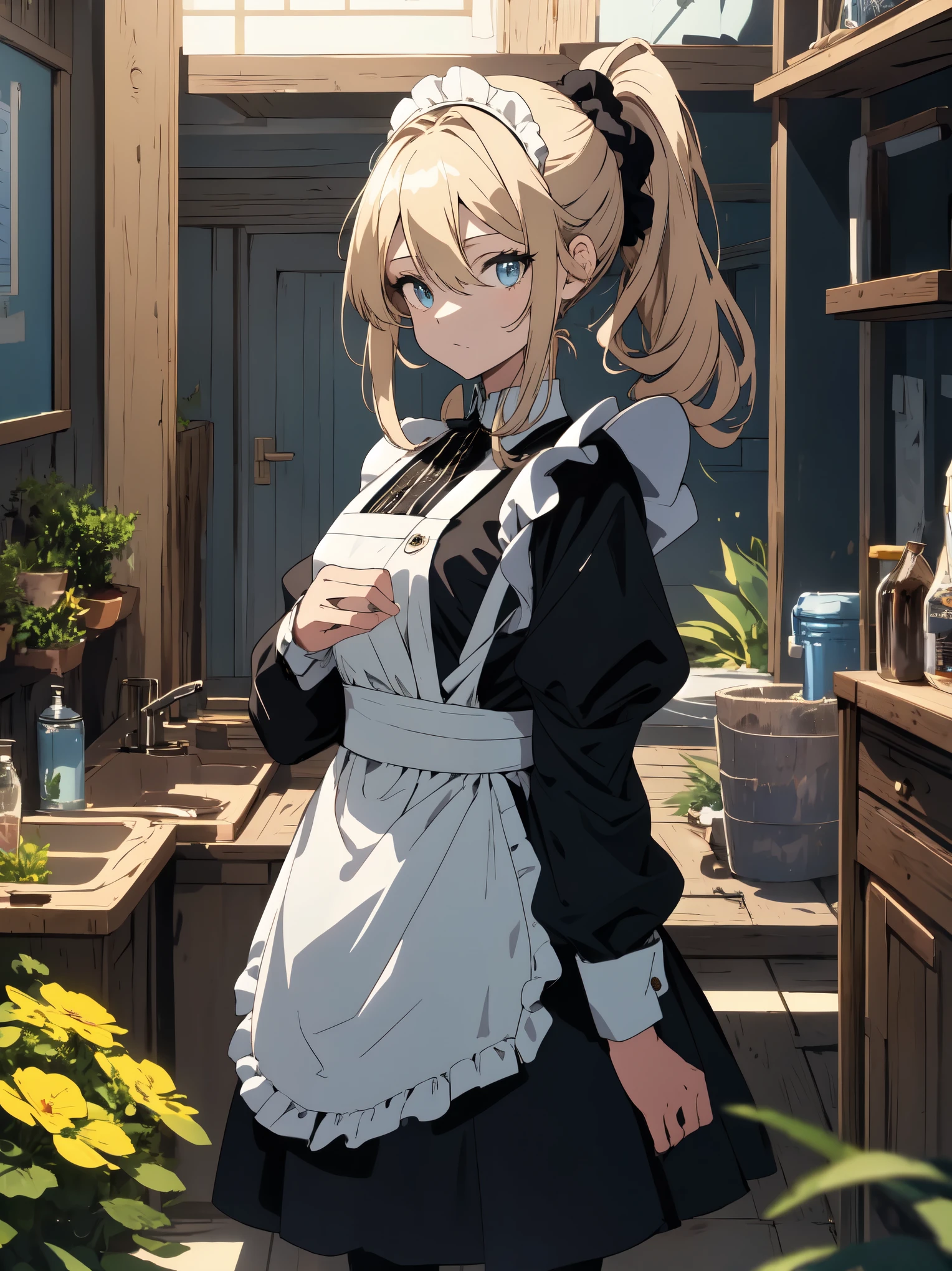 (masterpiece, highest quality, High resolution、be familiar with), (shining eyes)、1 girl,blonde hair, maid, blue eyes, side ponytail, hair scrunchie, hair ornaments, blue scrunchie, maid headdress, apron, (Mansion garden、drying laundry)hair between eyes, chest, long sleeve, bangs, white shirt, black dress, side lock, maid apron, black pantyhose,  cowboy shot,indoor、Western-style room、beautiful anime