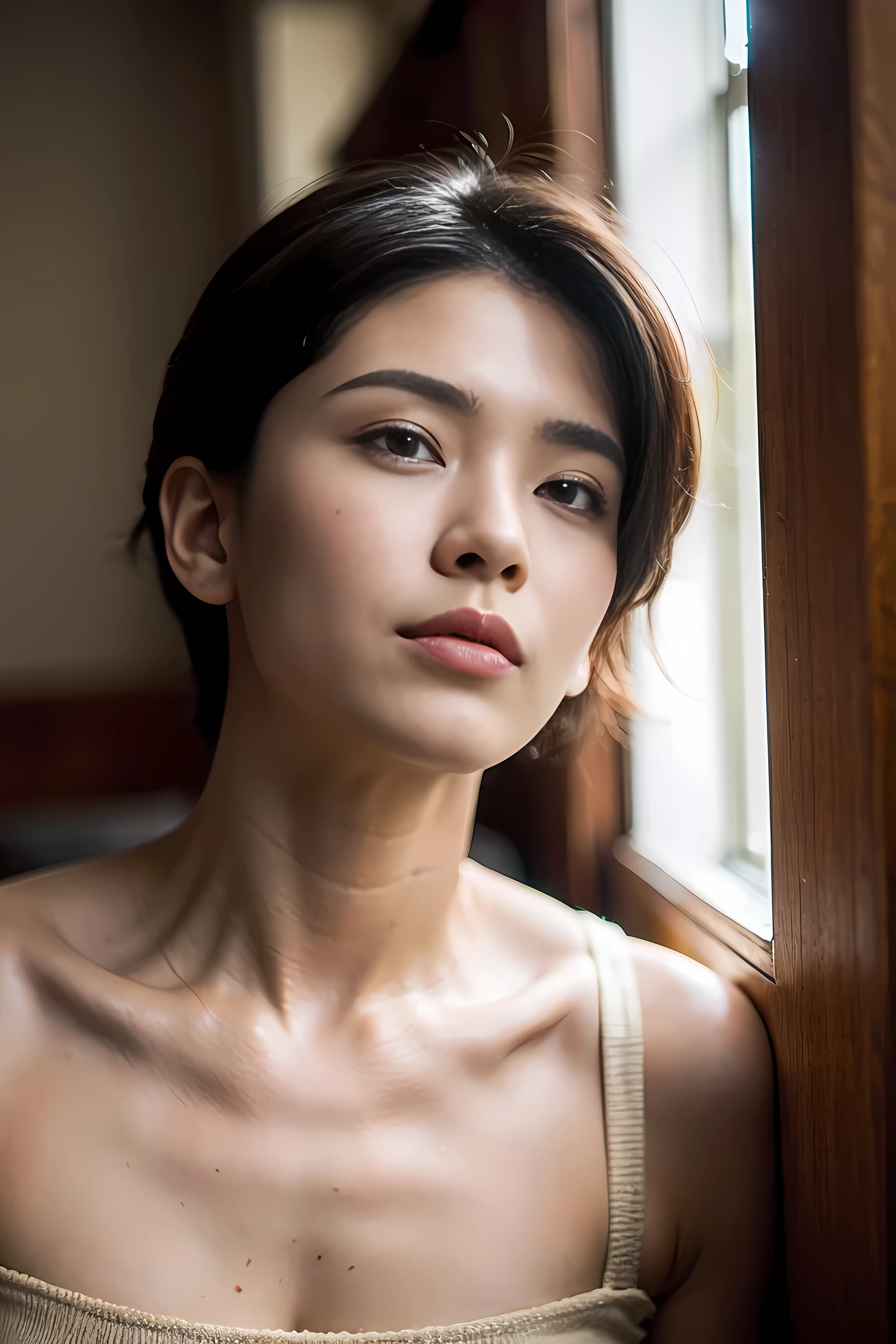 Realistic photography, 8k ,Handsome young tomboy , short hair , hotel bedroom ,close up