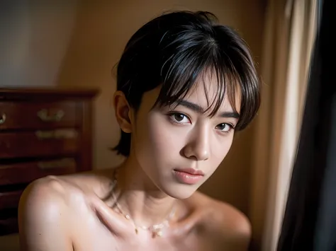 Realistic photography, 8k ,Handsome young tomboy , short hair , hotel bedroom ,close up