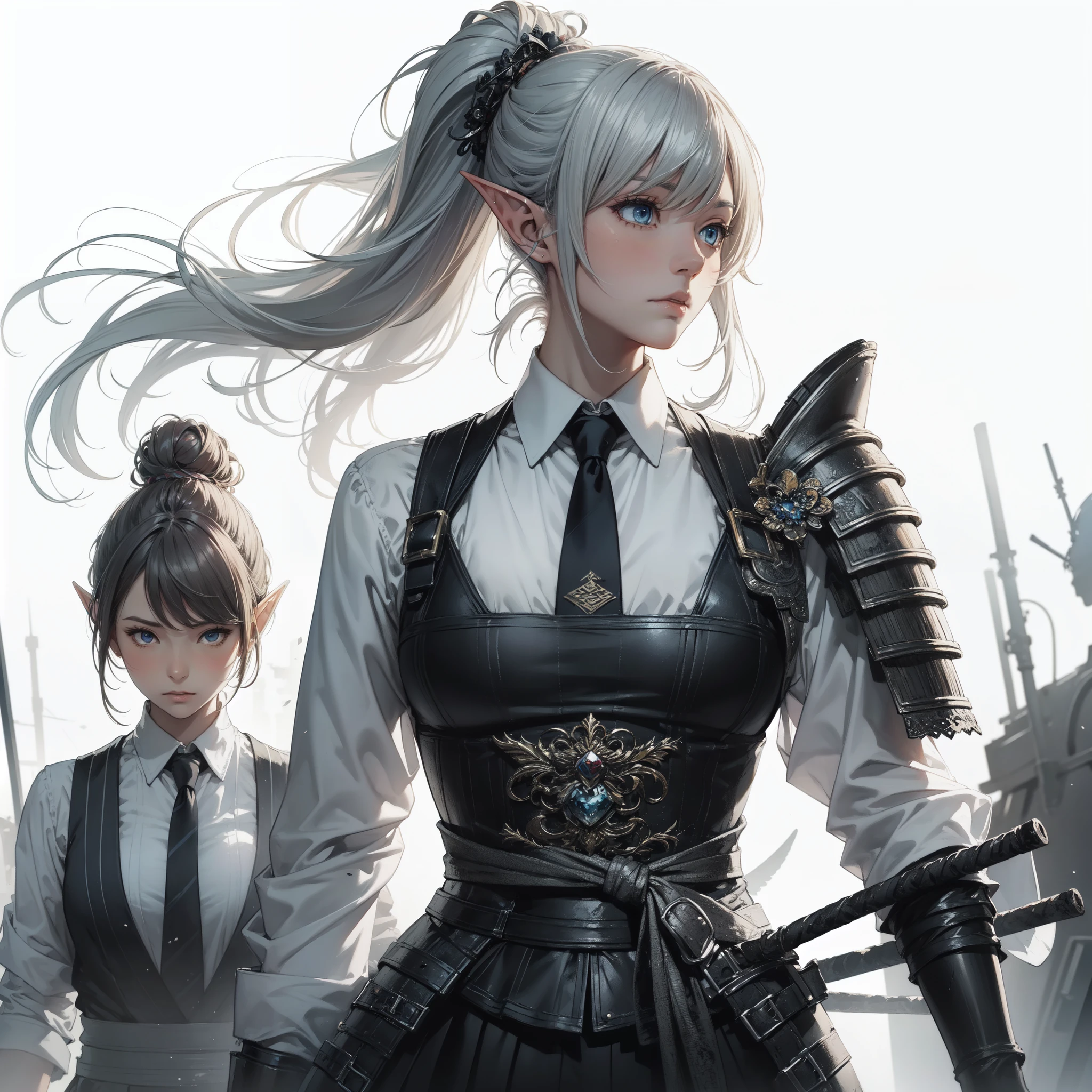 masterpiece, best quality, incredibly detailed, fantasy, portrait of Shogun elf female, full body, bangs, pixie silver hair, hair bun, blue eyes, white shirt with tie, black suit with samurai armor, serious, mature, georgeous, office, from below, walk, dynamics pose, concepts art by artgerm, ayami kojima, detailed by greg rutkowski, painting by wadim kashin, carne griffiths, arthur rackham. (two elf (female:1.2) aides, who walk beside her in reverent devotion.)