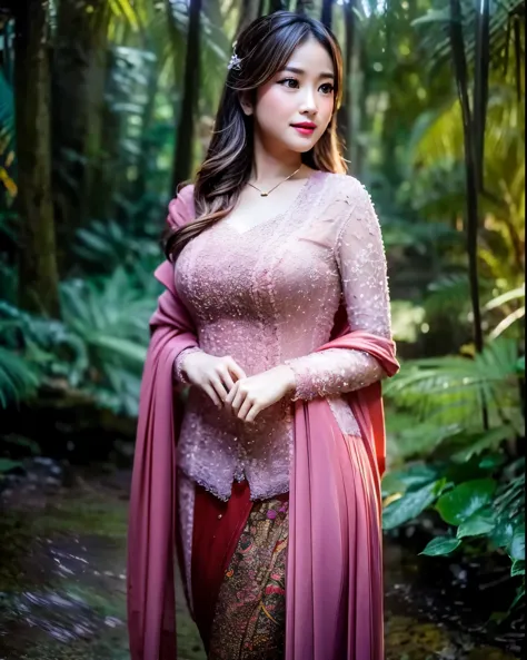 Create a photorealistic masterpiece of a beautiful woman with long hair wearing traditional Indonesian kebaya attire. Set her ag...