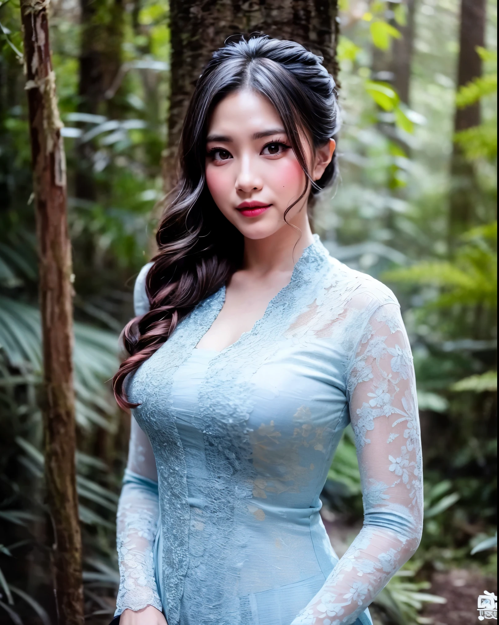 Create a photorealistic masterpiece of a beautiful woman with long hair wearing traditional Indonesian kebaya attire. Set her against a dark, forest backdrop with a captivating glow in the background and bokeh effect. Ensure the image quality is 8K with ultra-realistic details.,kebaya,kebaya indonesia