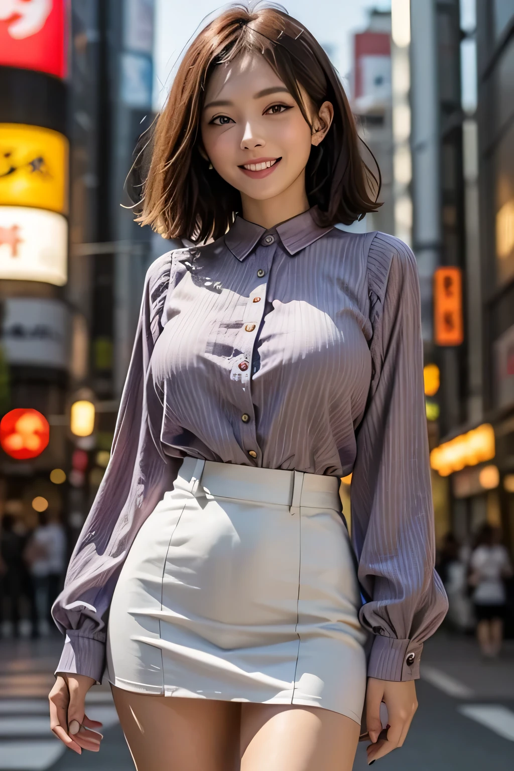 (Photoreal:1.4), (Super detailed), (highest quality), (best shadow), (masterpiece), ultra high resolution, 1 female, beautiful ripe year, bob hair, (light purple fancy blouse), (brown tight mini skirt), (big breasts), smile, written boundary depth, perfect lighting, With background: (Tokyo Ginza street)