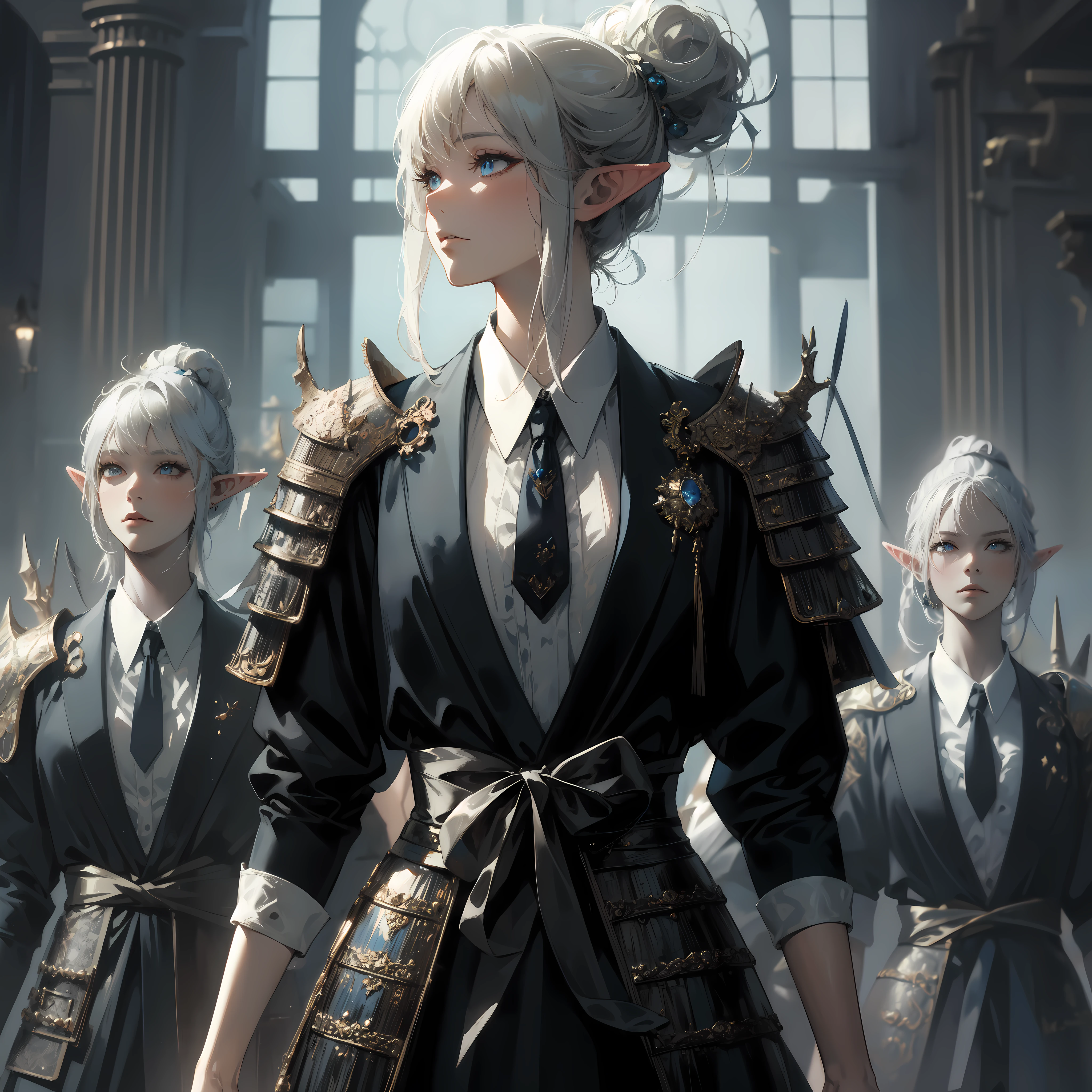 a elf woman wearing a long-sleeved and intricate Gothic maid outfit with details of small accessories, white hair, blue eyes. She wears massive gauntlet with claw and (wears armor to protect her shoulders and chest), by Artgem, Dynamic shot, Dynamic pose, Hayao Miyazaki, Mikimoto Haruhiko, frank frazetta, Cinematic Dramatic atmosphere, fantasy, 8k, watercolor painting