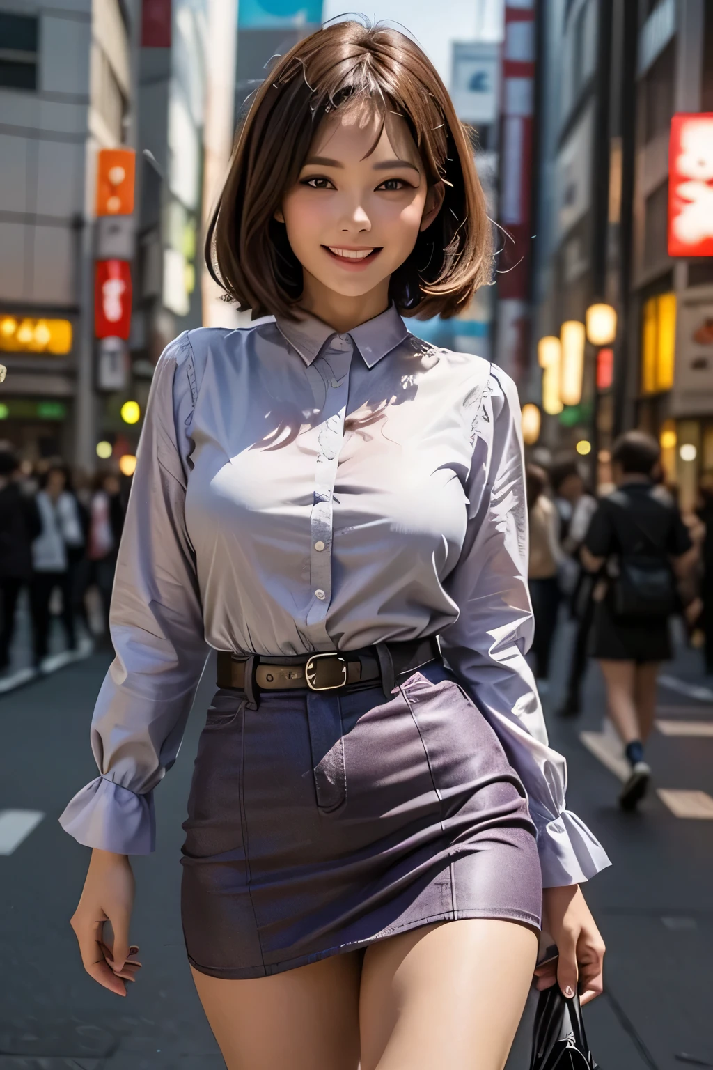 (Photoreal:1.4), (Super detailed), (highest quality), (best shadow), (masterpiece), ultra high resolution, 1 female, beautiful ripe year, bob hair, (light purple fancy blouse), (brown tight mini skirt), (big breasts), smile, written boundary depth, perfect lighting, With background: (Tokyo Ginza street)