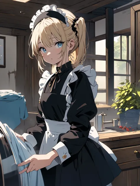 (masterpiece, highest quality, High resolution、be familiar with), (shining eyes)、1 girl,blonde hair, maid, blue eyes, side ponyt...