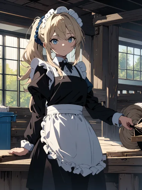 (masterpiece, highest quality, high resolution、be familiar with), (shining eyes)、1 girl,blonde hair, maid, blue eyes, side ponyt...