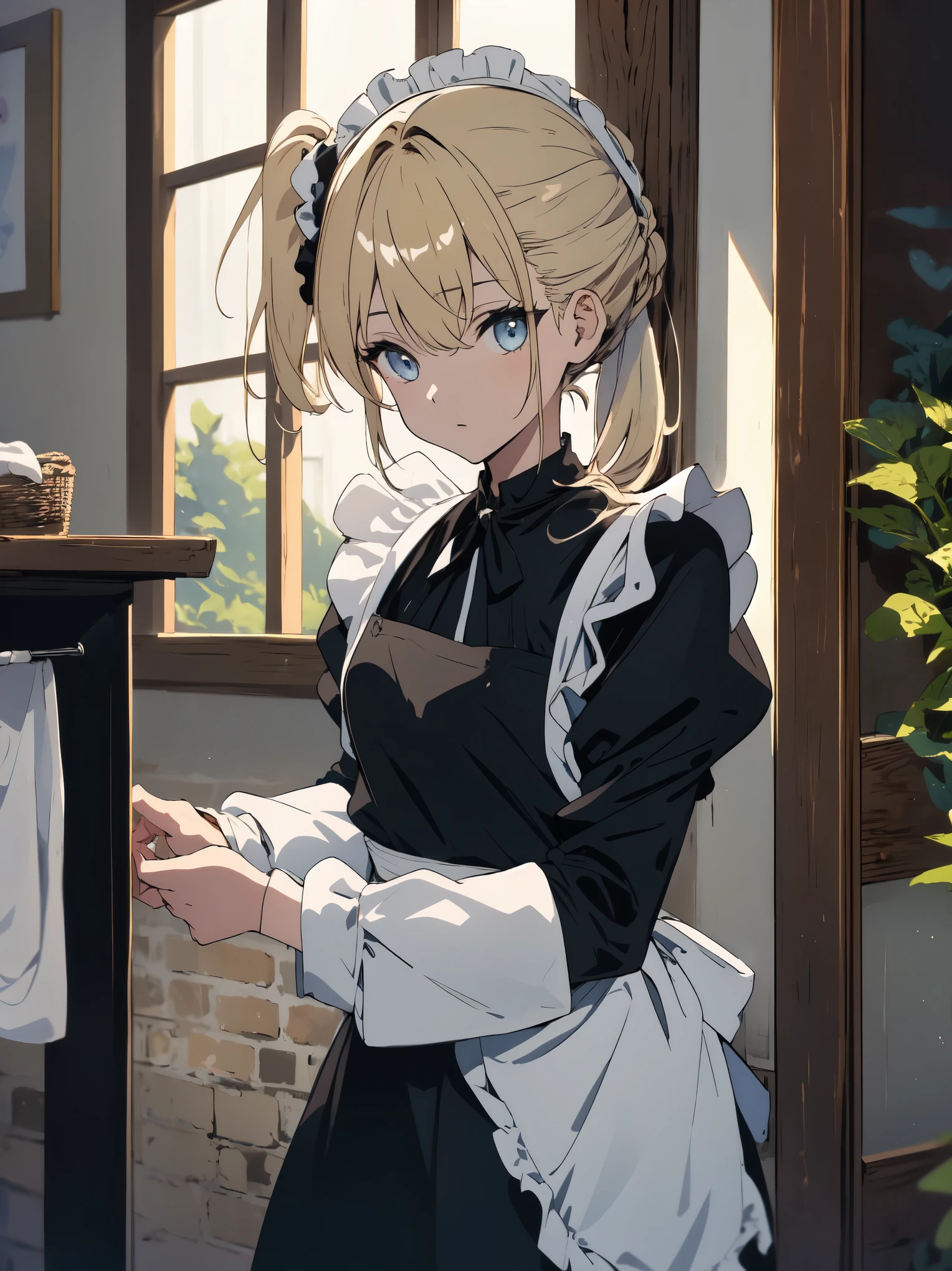 (masterpiece, highest quality, High resolution、be familiar with), (shining eyes)、1 girl,blonde hair, maid, blue eyes, side ponytail, hair scrunchie, hair ornaments, blue scrunchie, maid headdress, apron, (Mansion garden、drying laundry)hair between eyes, chest, long sleeve, bangs, white shirt, black dress, side lock, maid apron, black pantyhose,  cowboy shot,indoor、Western-style room、beautiful anime