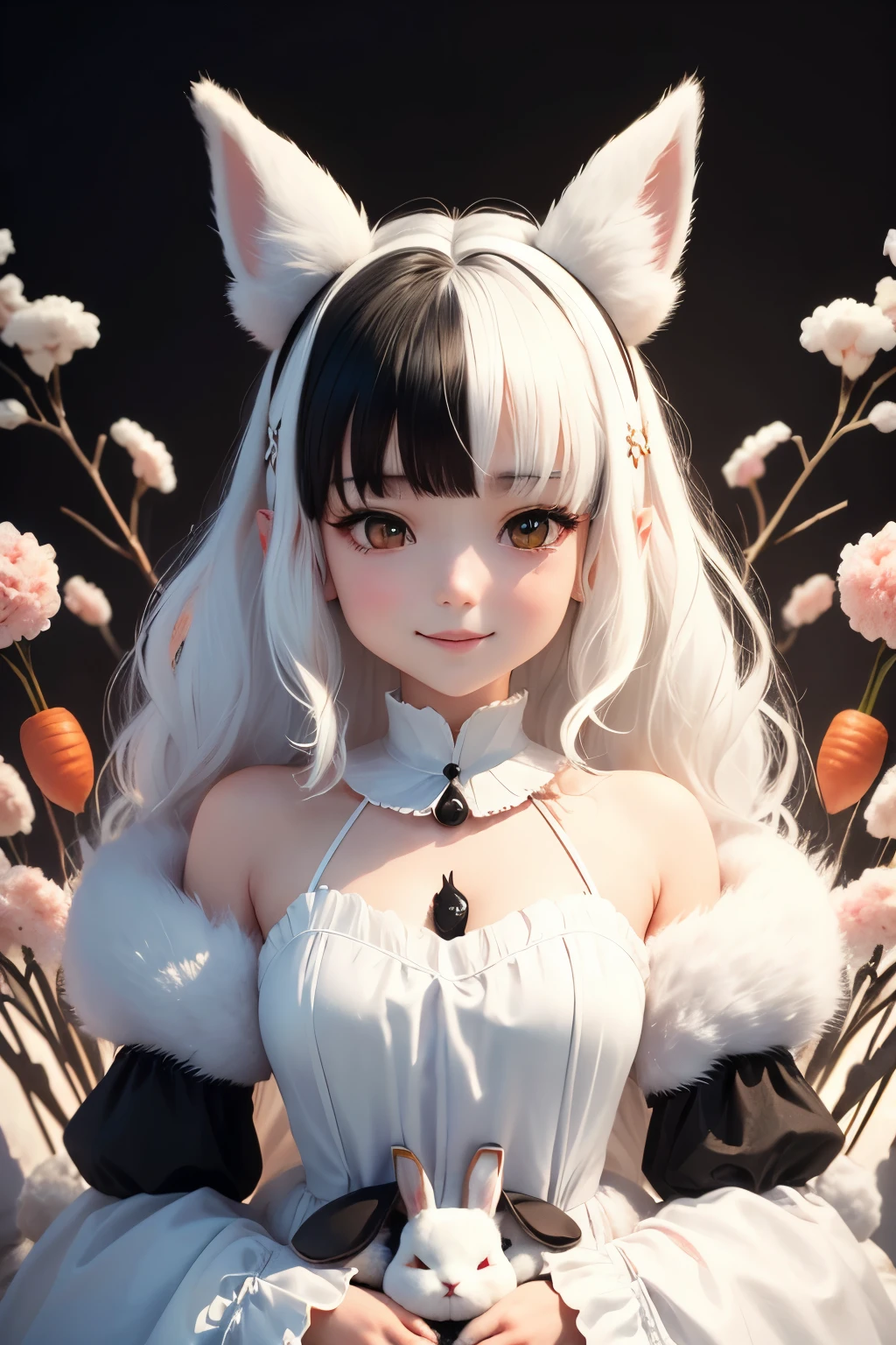 白いrabbit earsの女の子とblack catの女の子、(((two girls&sisters&white rabbit&white hair&rabbit ears&fluffy fur)))、(((1 girl&black cat&black hair&black cat ears&fluffy fur))、((Shooting from the side)))、 high quality, Carrot、High resolution、genuine、3D、small ears、smile