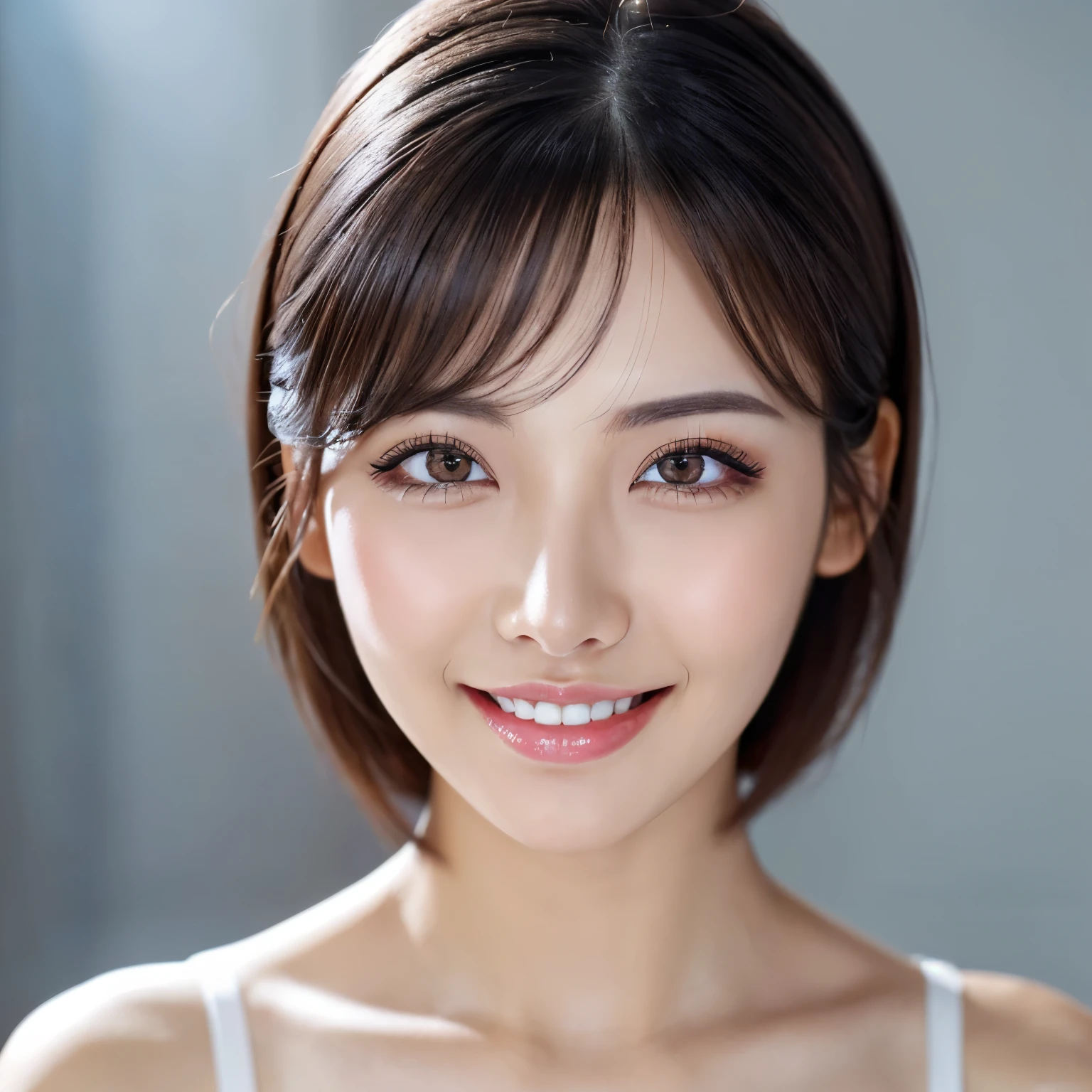 ((highest quality、table top、8k、best image quality、Award-winning work)、one beautiful woman、(Super close-up of just the face:1.5)、(straight short hair:1.1)、the biggest smile looking at me、(Beautiful skin that shines very brightly:1.1)、(Face straight ahead and stand upright:1.1)、Beautiful skin with ultra-high definition gloss and moisture、Beautiful face in super high resolution、Super high resolution sparkling eyes、Super high resolution perfect beautiful teeth、beautiful glossy lips、long eyelashes、ultra high resolution hair、perfect beautiful mascara、beautiful eyeshadow