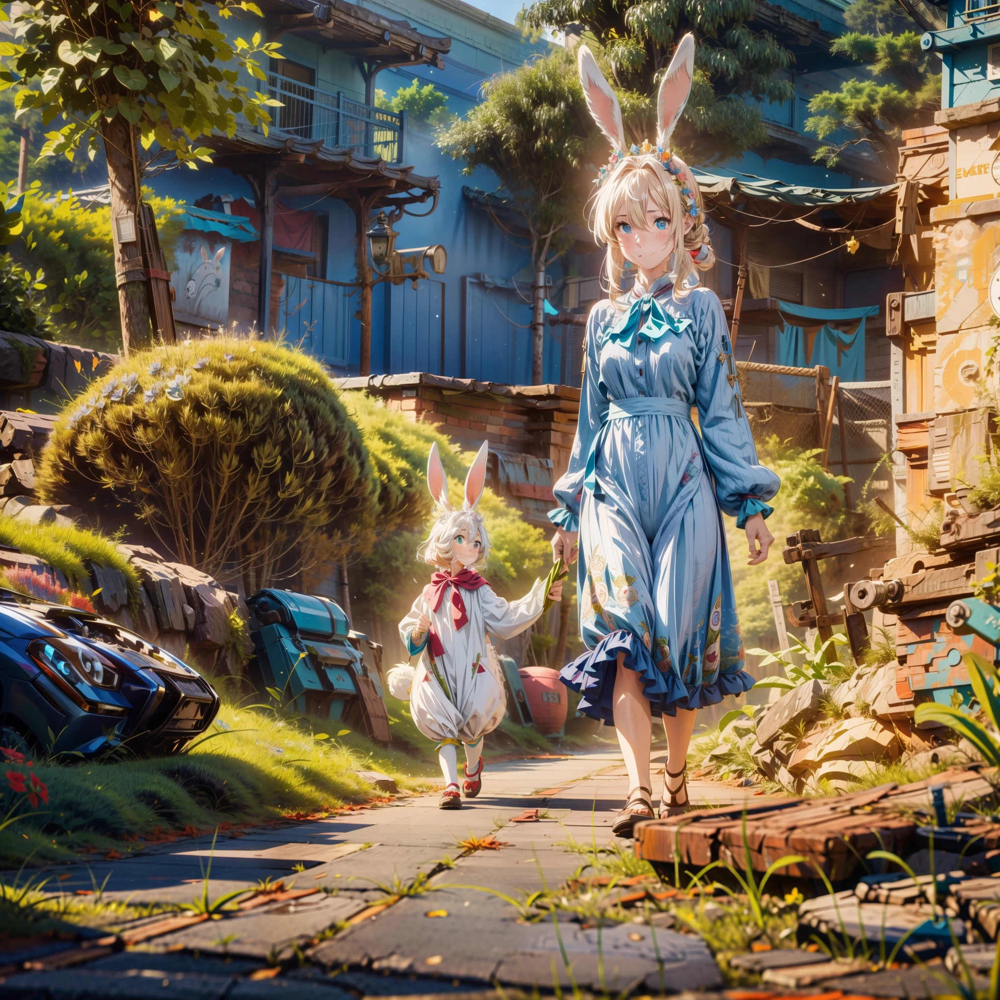 little white rabbit, Walk upright, Moe idiot, Animal food, smile, Bunny ears, aqua eye, anime, realism, close, character chart, anime, anime style, chiaroscuro, Super detailed, rough skin, high quality, advanced details, advanced details, high quality, Super detailed, rough skin