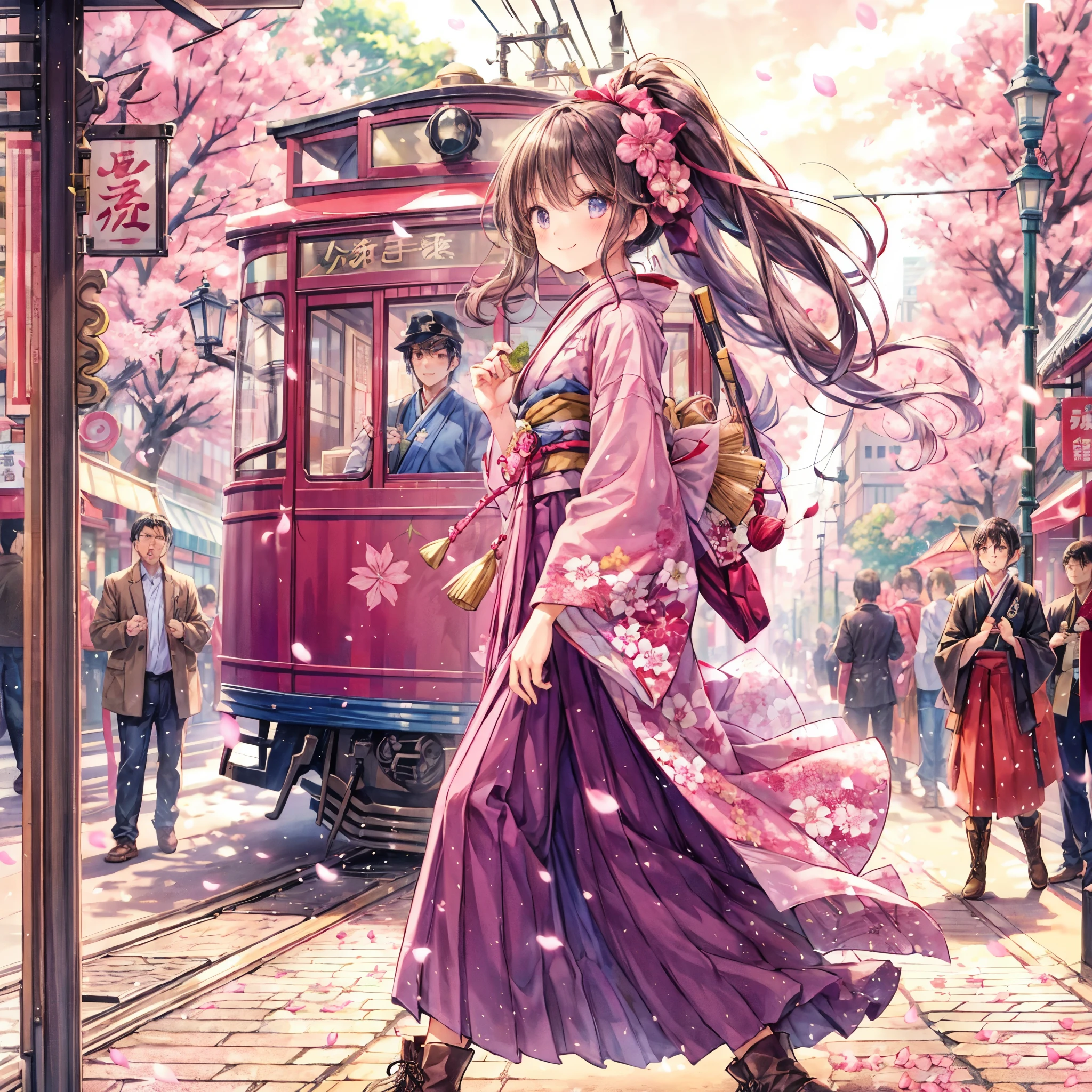 (masterpiece), best quality, expressive eyes, perfect face, 1 girl, solo, A girl with a high ponytail tied with a ribbon, wearing a hakama and short boots, walks along a wide, busy street with an old street tram running in the Taisho era of Japan. smile, pink yagasuri print top, purple hakama, brown ankle boots, Taisho romance, old street tram, spring, cherry blossom petals, sakura, afternoon, blue sky, scenery,retro, BMC