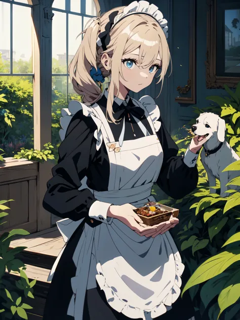 (masterpiece, highest quality, high resolution、be familiar with), (shining eyes)、1 girl,blonde hair, maid, blue eyes, side ponyt...