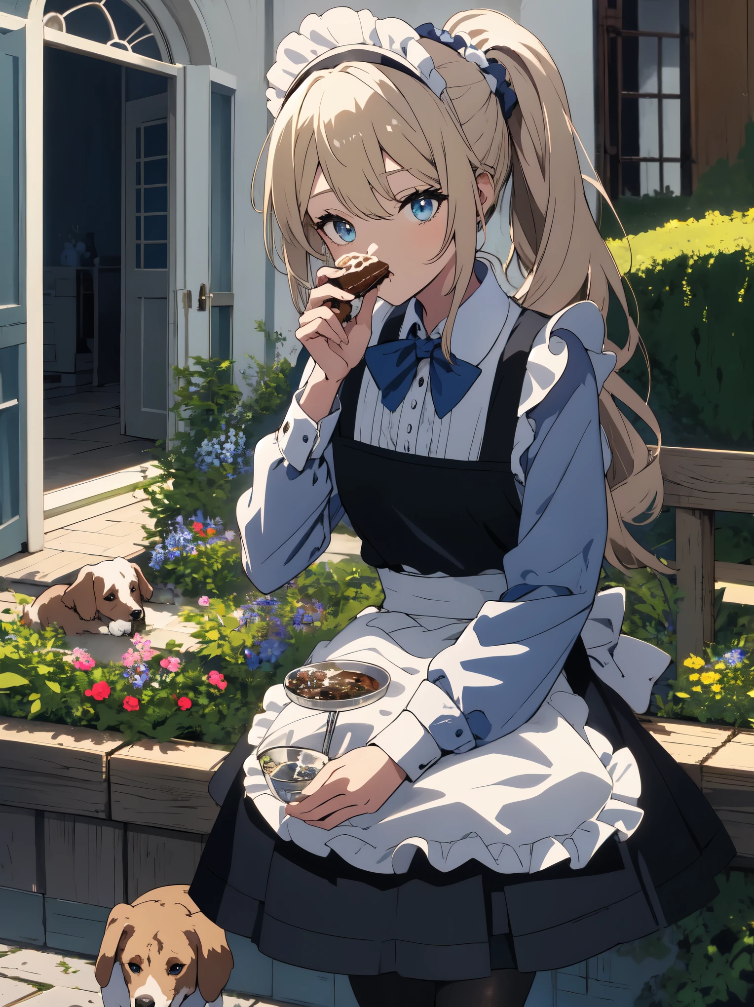 (masterpiece, highest quality, High resolution、be familiar with), (shining eyes)、1 girl,blonde hair, maid, blue eyes, side ponytail, hair scrunchie, hair ornaments, blue scrunchie, maid headdress, apron, (Feeding a dog in the garden of a mansion)hair between eyes, chest, long sleeve, bangs, white shirt, black dress, side lock, maid apron, black pantyhose,  cowboy shot,indoor、Western-style room、beautiful anime