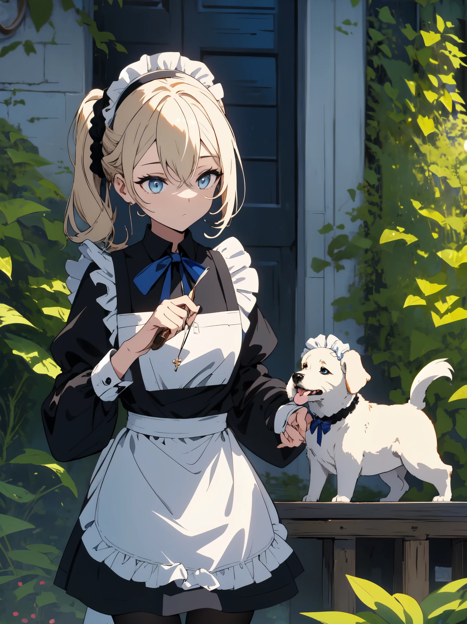 (masterpiece, highest quality, High resolution、be familiar with), (shining eyes)、1 girl,blonde hair, maid, blue eyes, side ponytail, hair scrunchie, hair ornaments, blue scrunchie, maid headdress, apron, (Feeding a dog in the garden of a mansion)hair between eyes, chest, long sleeve, bangs, white shirt, black dress, side lock, maid apron, black pantyhose,  cowboy shot,indoor、Western-style room、beautiful anime