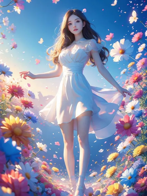 movie照片独奏,1 girl,,lace_skirt,two colors_pantyhose,big breasts,(colored hair:0.1),beautiful girl standing on flowers,facial detai...