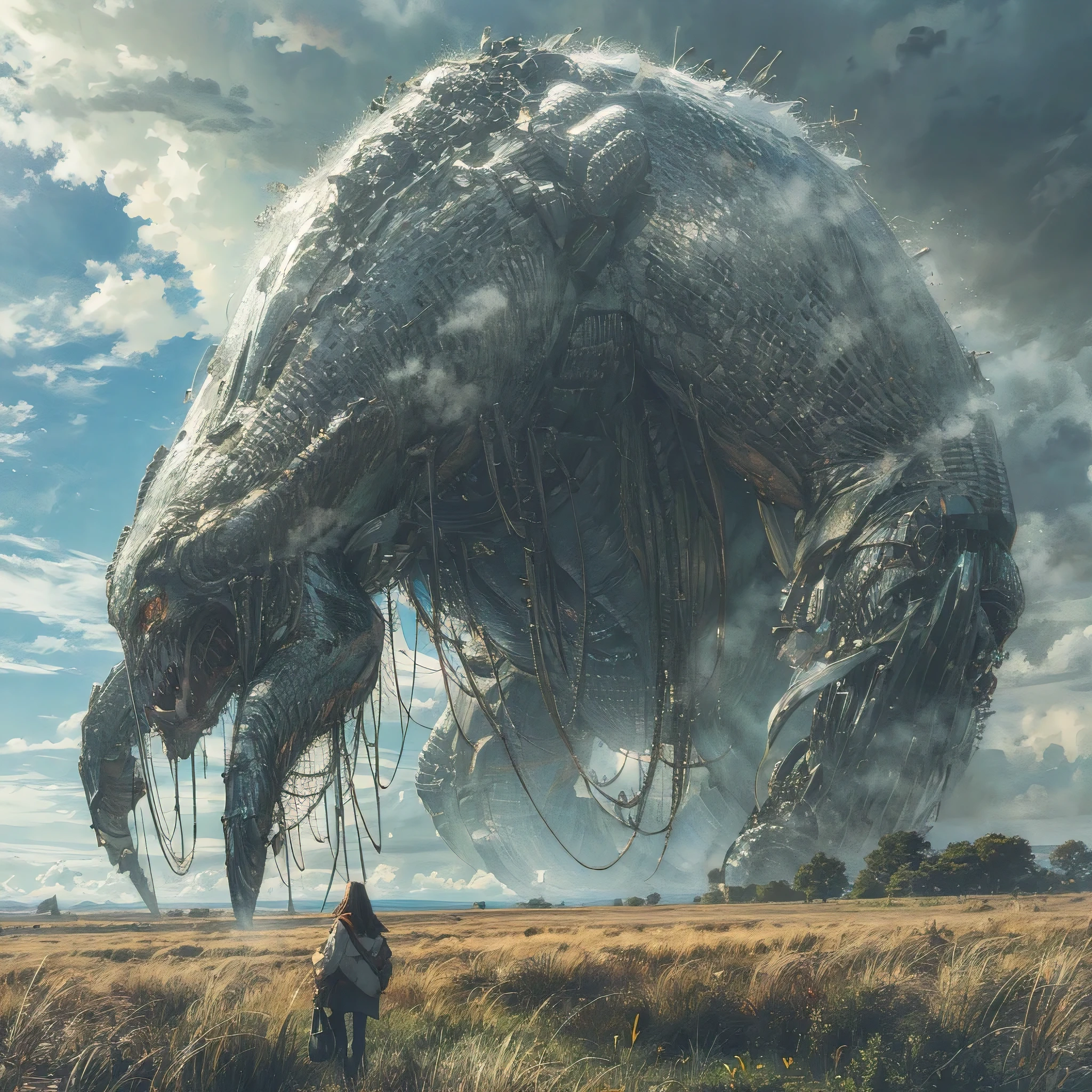 (best quality, masterpiece:1.2),  giant creature looming in the horizon, massive, impending doom, ominous, elaborate details, perfect illustration