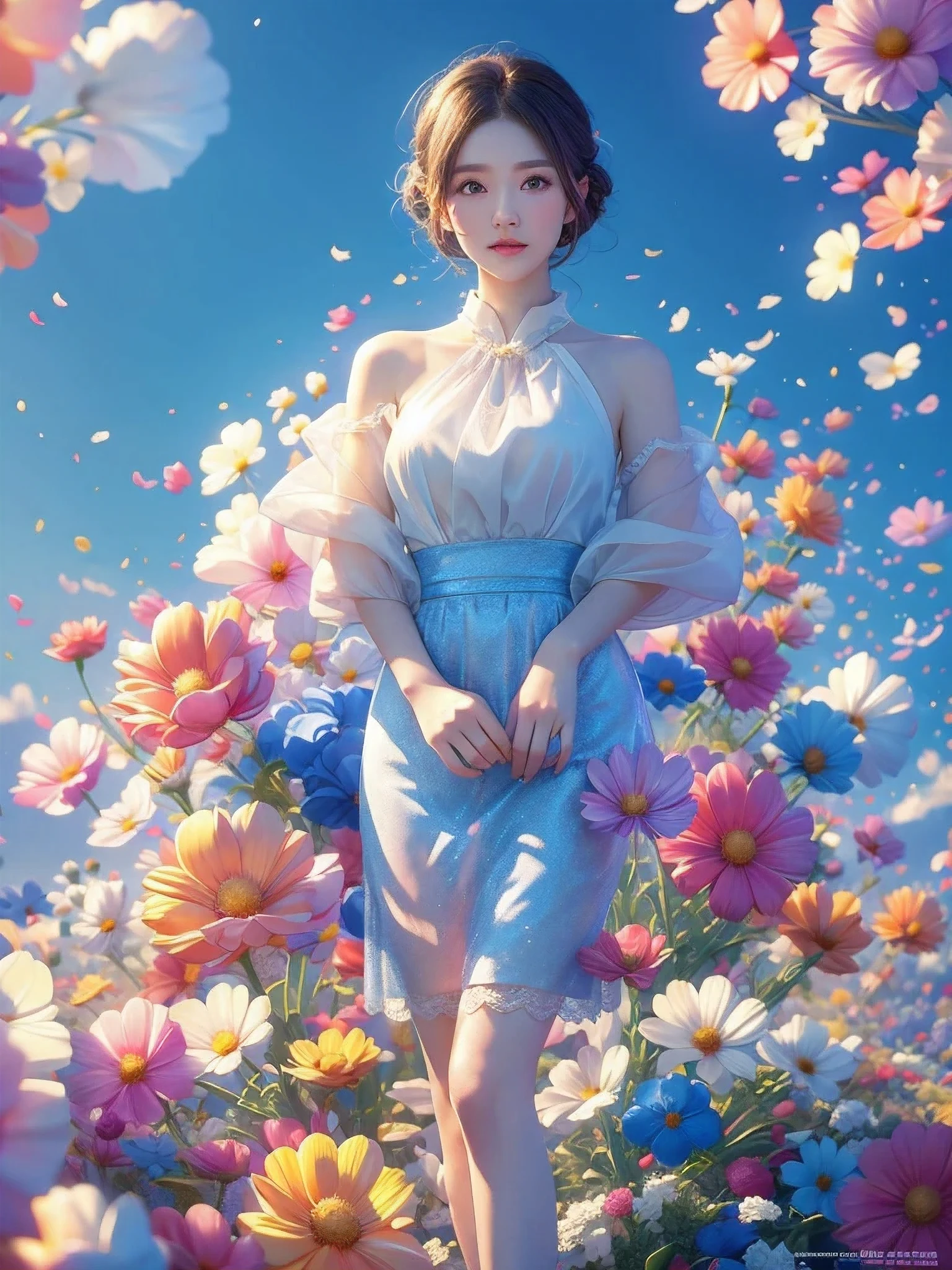 Movie照片独奏,1 girl,,lace_skirt,two colors_pantyhose,big breasts,(colored hair:0.1),Beautiful girl standing on flowers,Facial details perfect,And the details of the characters are also exquisite,fashion portrait,bright colors,clean background,panoramic,Large aperture,Bubble Mart production,delicate luster,8K gradient translucent glass melt,frosted glass,masterpiece, best quality,, Super real,lifelike,16k,high detail,high resolution ，Movie, Bokeh, professional, 4k, Very detailed