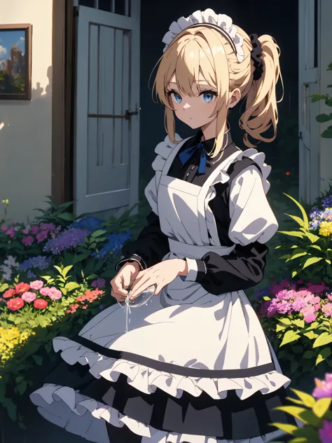 (masterpiece, highest quality, High resolution、be familiar with), (shining eyes)、1 girl,blonde hair, maid, blue eyes, side ponyt...