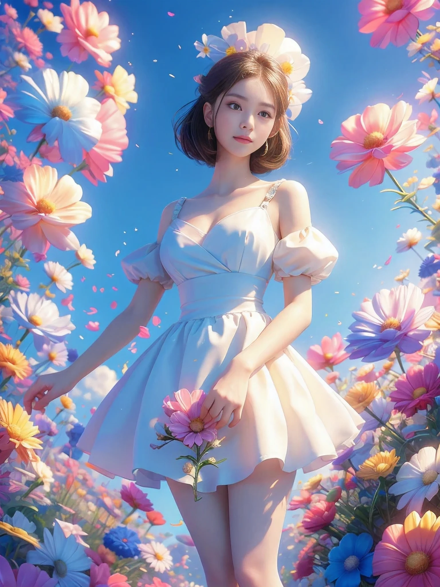 Movie照片独奏,1 girl,,lace_skirt,two colors_pantyhose,big breasts,(colored hair:0.1),Beautiful girl standing on flowers,Facial details perfect,And the details of the characters are also exquisite,fashion portrait,bright colors,clean background,panoramic,Large aperture,Bubble Mart production,delicate luster,8K gradient translucent glass melt,frosted glass,masterpiece, best quality,, Super real,lifelike,16k,high detail,high resolution ，Movie, Bokeh, professional, 4k, Very detailed