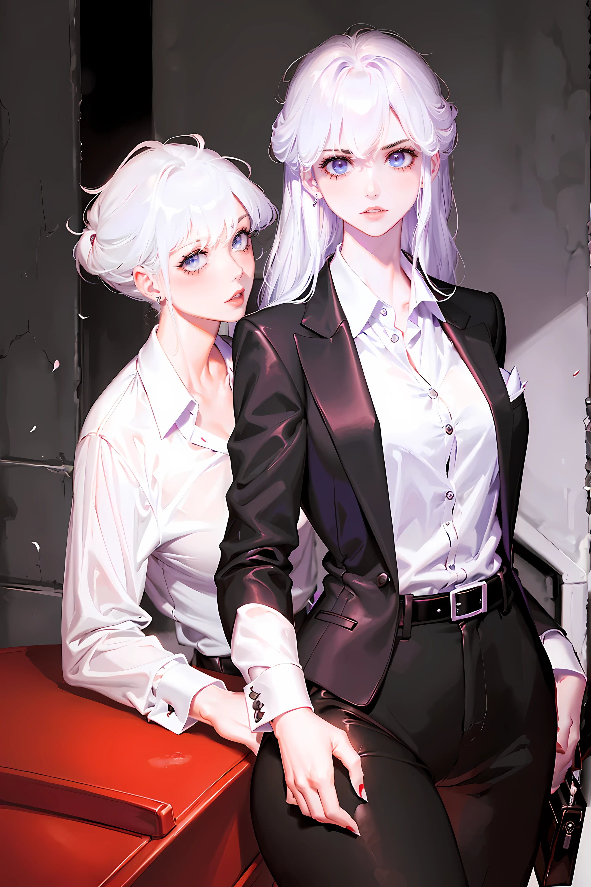 (best quality,highres)(business jacket:1.4),(a girl:1.5),elegant photo of a girl in a suit jacket, red lips, lipstick, (perfect eyes:1.4), (white shirt:1.5), silver hair, purple eyes, slight smile, joyful, highly detailed skin, stunning face, long eyelashes, black eyeliner, masterpiece, black belt:1.2, white shirt, teardrop earrings, business attire:1.2), full body