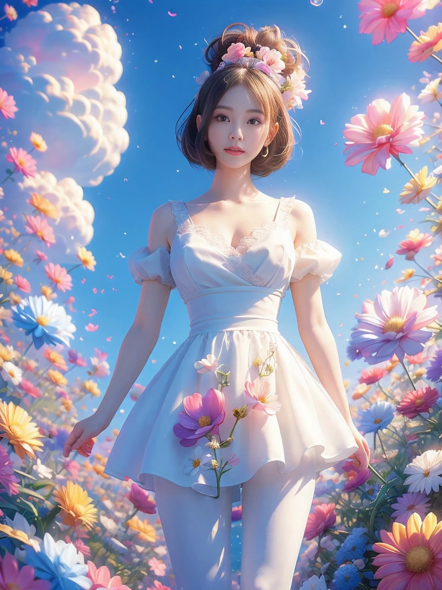 Movie照片独奏,1 girl,,lace_skirt,two colors_pantyhose,big breasts,(colored hair:0.1),Beautiful girl standing on flowers,Facial details perfect,And the details of the characters are also exquisite,fashion portrait,bright colors,clean background,panoramic,Large aperture,Bubble Mart production,delicate luster,8K gradient translucent glass melt,frosted glass,masterpiece, best quality,, Super real,lifelike,16k,high detail,high resolution ，Movie, Bokeh, professional, 4k, Very detailed