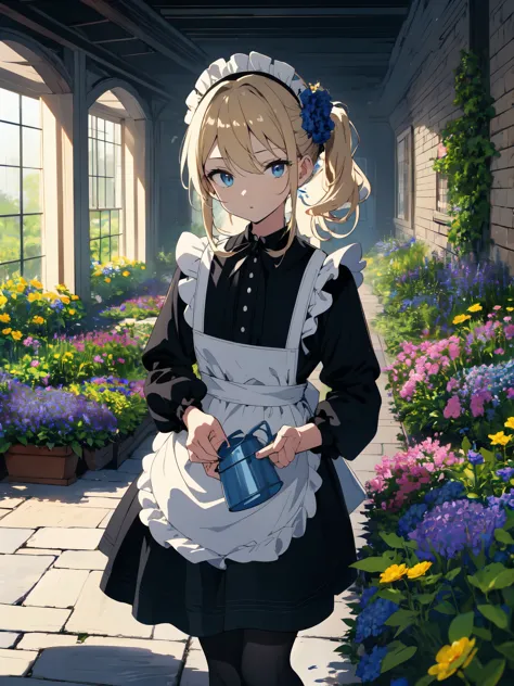 (masterpiece, highest quality, High resolution、be familiar with), (shining eyes)、1 girl,blonde hair, maid, blue eyes, side ponyt...