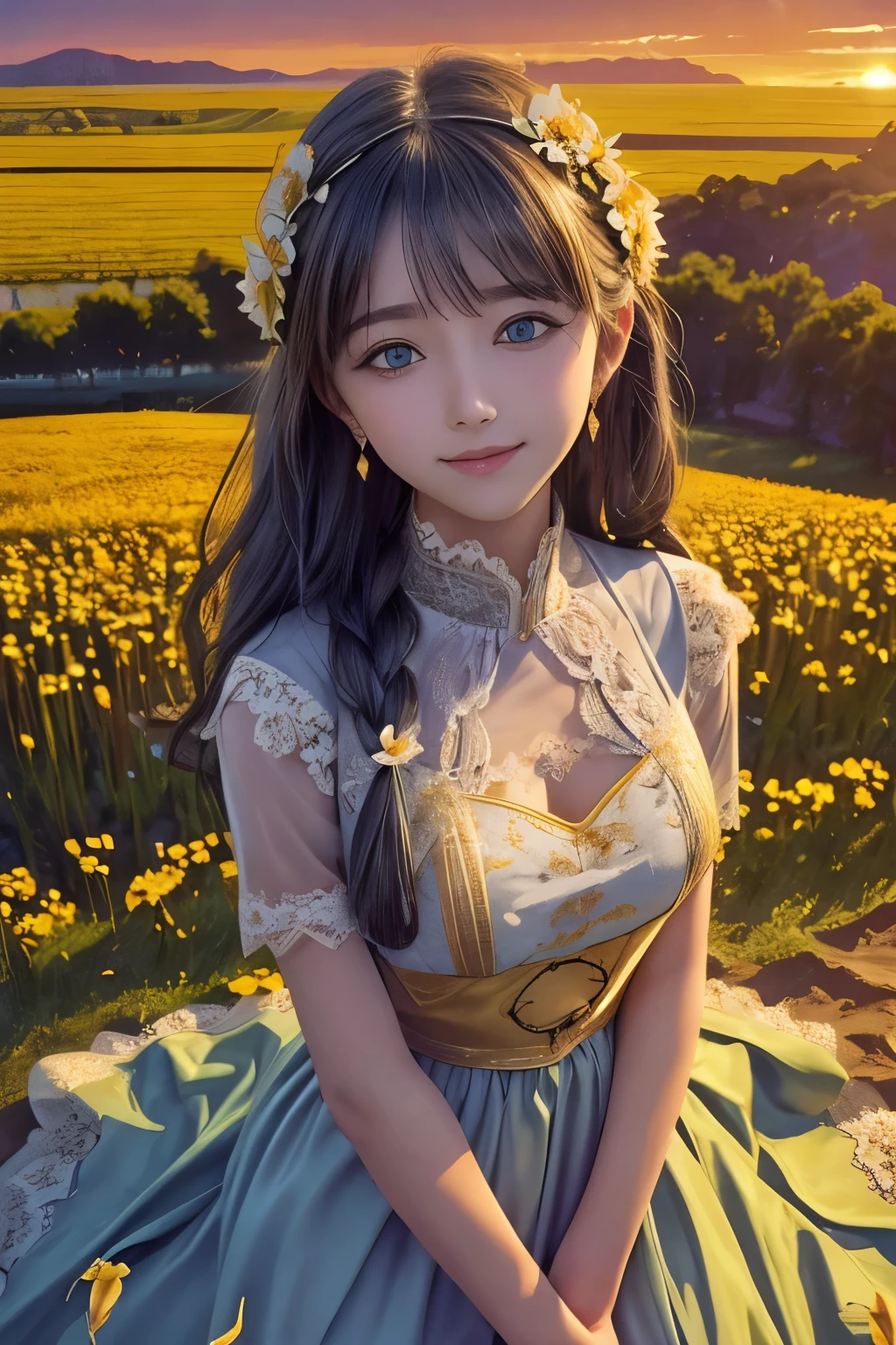 (drawn by Lynn Okamoto),center frame, sharp focus, (panorama, wide shot), best quality, masterpiece, extremely detailed, detailed background, (from above:1.2), 1girl, catgirl,solo,loli,blue eyes,white hair, closed one eye, smile, open mouth, skirt, long hair, wavy hair, on side, fluffy hair, , french , blush, smile, capelet, lace trim, bodice, sunset, long dress, dusk, scenery, gold sky, high place, horizon, wheat field, wheat ears, wind, wind blow, looking at viewer, (depth of field), bokeh, (holding a flower:1.3), (holding:1.2),(medium):0.5,，huge tits，Overmuch，big and droopy，big titietra big ， （（（masterpiece）））， （（best quality））， （（intricate details））， （（Surreal））