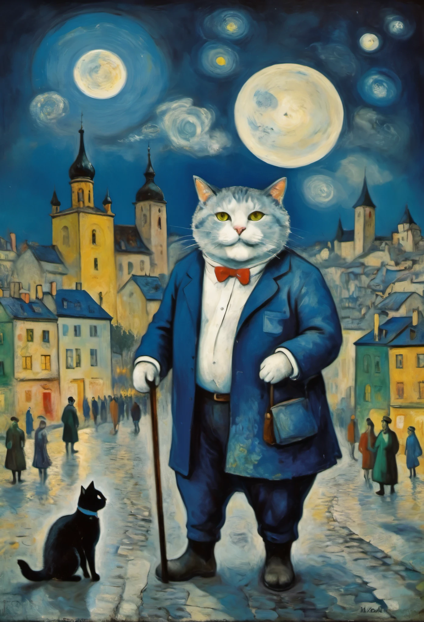 a huge fat cat with a staff, In the night city, ((Marc Chagall style)), magical naive art, primitivism, protogen, ((Best quality, masterpiece)),
((((Highest detail), Impressionism:1,1, 8K
