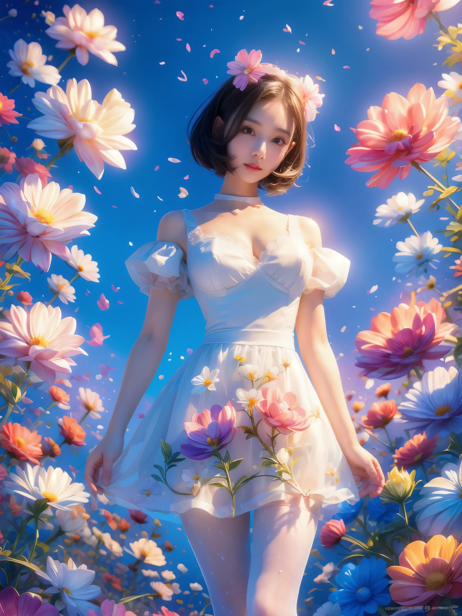 Movie照片独奏,1 girl,,Lace-edged_skirt,Two colors_pantyhose,big breasts,(colored hair:0.1),Beautiful girl standing on flowers,Facial details perfect,And the details of the characters are also exquisite,Fashion portrait,bright colors,clean background,panoramic,Large aperture,Bubble Mart production,delicate luster,8K gradient translucent glass melt,frosted glass,masterpiece, best quality,, Super real,lifelike,16k,high detail,high resolution ，Movie, Bokeh, professional, 4k, Very detailed